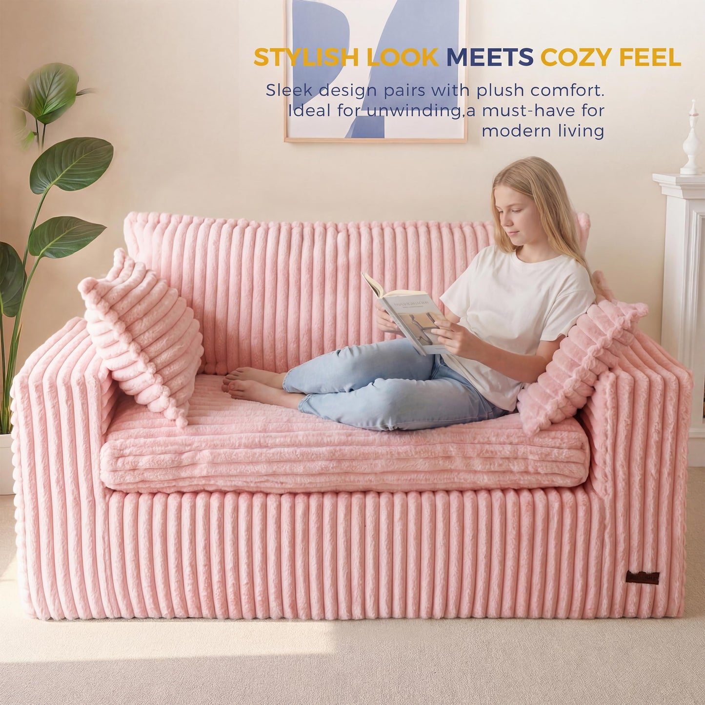 MAXYOYO 59" Bean Bag Sofa Couch, Loveseat Boneless Couch in a Box, Upholstered Small Mini Sofa with Deep Seating for Living Room Bedroom Office Apartment, No Assembly, Pink
