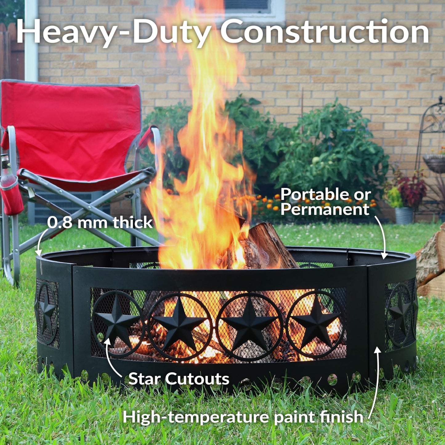 Sunnydaze 36-Inch Outdoor Fire Pit Ring with Poker - Round Heavy-Duty Steel Fire Ring for Camping or Backyard - 4-Star - 12" H