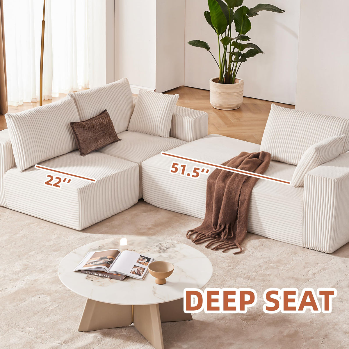 108" Boneless Couch with Chaise, Cloud Sectional Modular Sofa, Beige