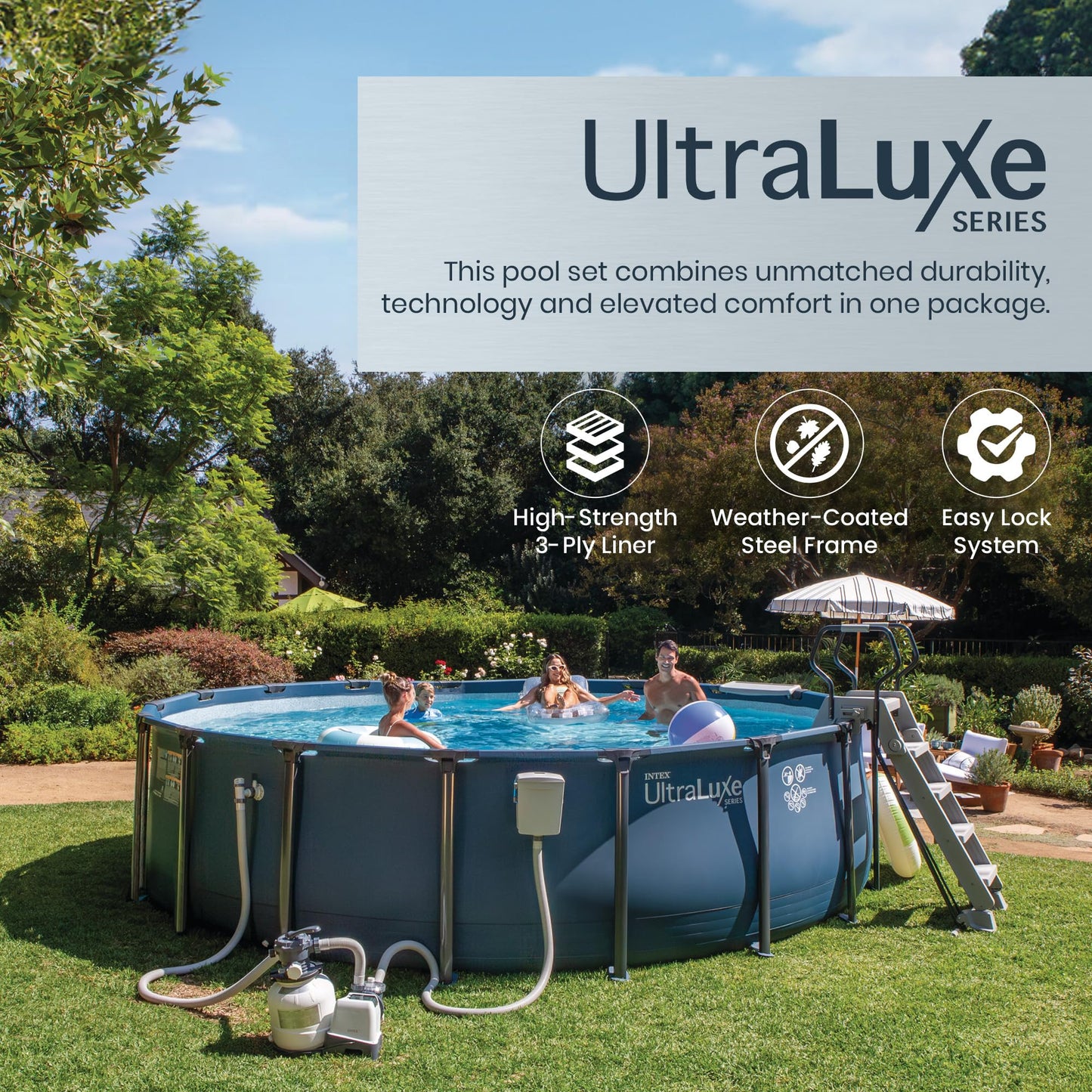 INTEX UltraLuxe 20 ft x 52 in Round Outdoor Above Ground Pool Set, Smart Wi-Fi Enabled Large Swimming Pool for Family and Adults with Sand Filter Pump, Saltwater System & Retractable Ladder