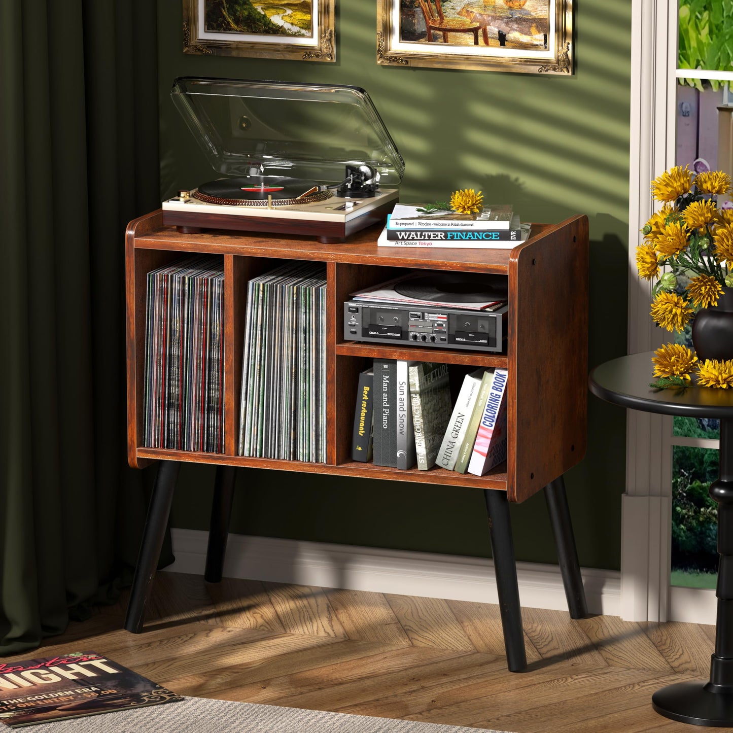 UODERS Record Player Table, Mid-Century Record Player Stand with Vinyl Storage Hold Up to 150+ Albums, Vinyl Record Cabinet with Adjustable Shelves, Wood Turntable Stand for Music Living Room (Brown)