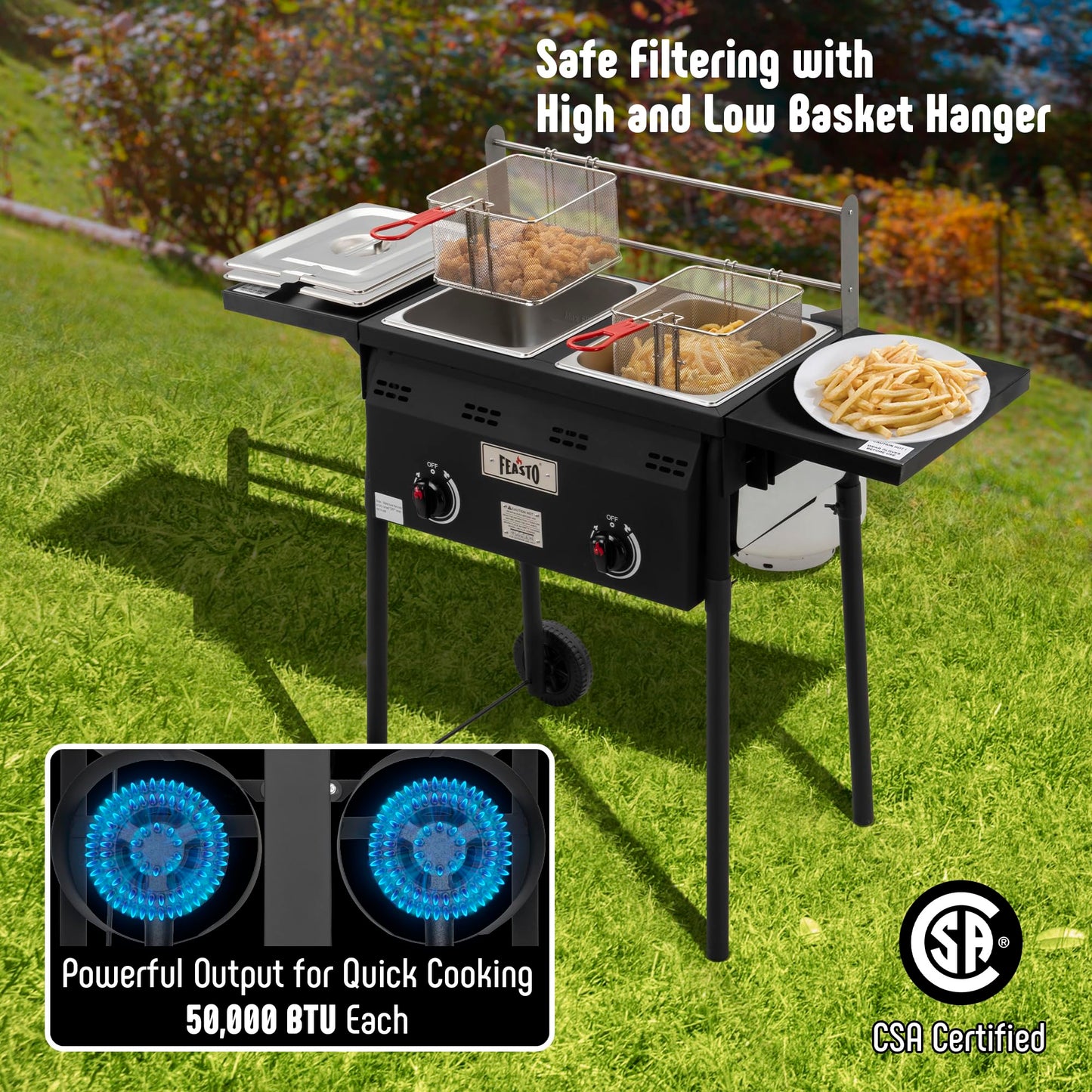 Feasto Outdoor Propane Deep Fryer, Dual Tank with Dual Independent Cast Iron Burners and Thermometers, Removable Fryer Pot, Baskets & Lids, Movable Propane Fryer Cart with Regulathor, 50000 BTU