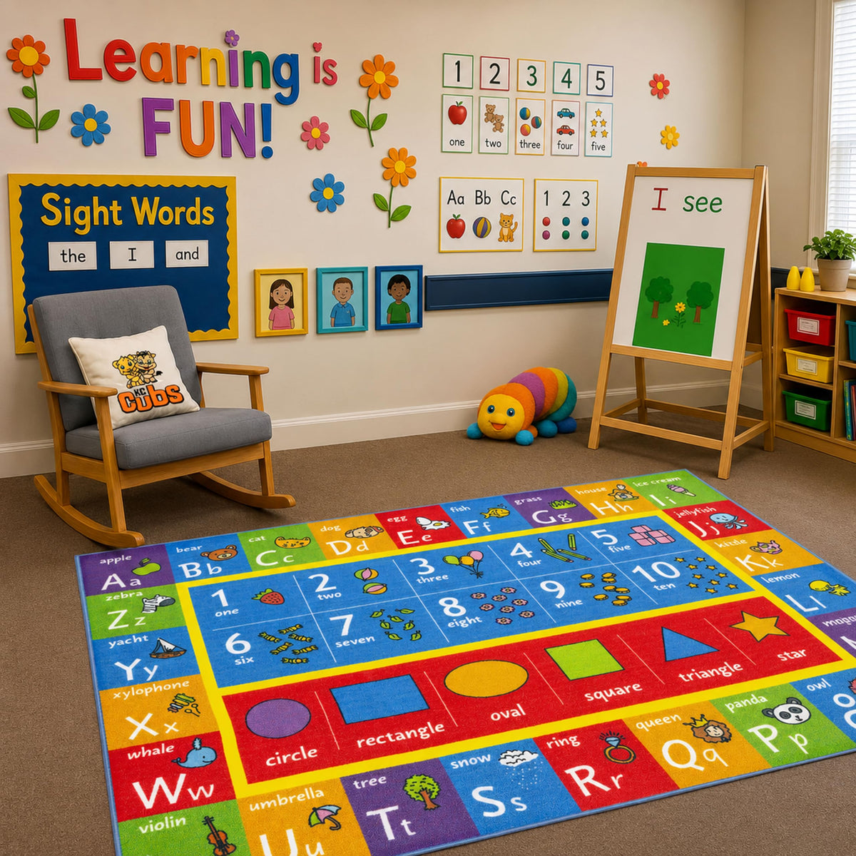 KC Cubs: Educational Rug: ABC Alphabet, Numbers & Shapes - 3x5' Playmat - Interactive Play, Activity Area Carpet, Bedroom-Classroom, Baby-Toddler-Kids