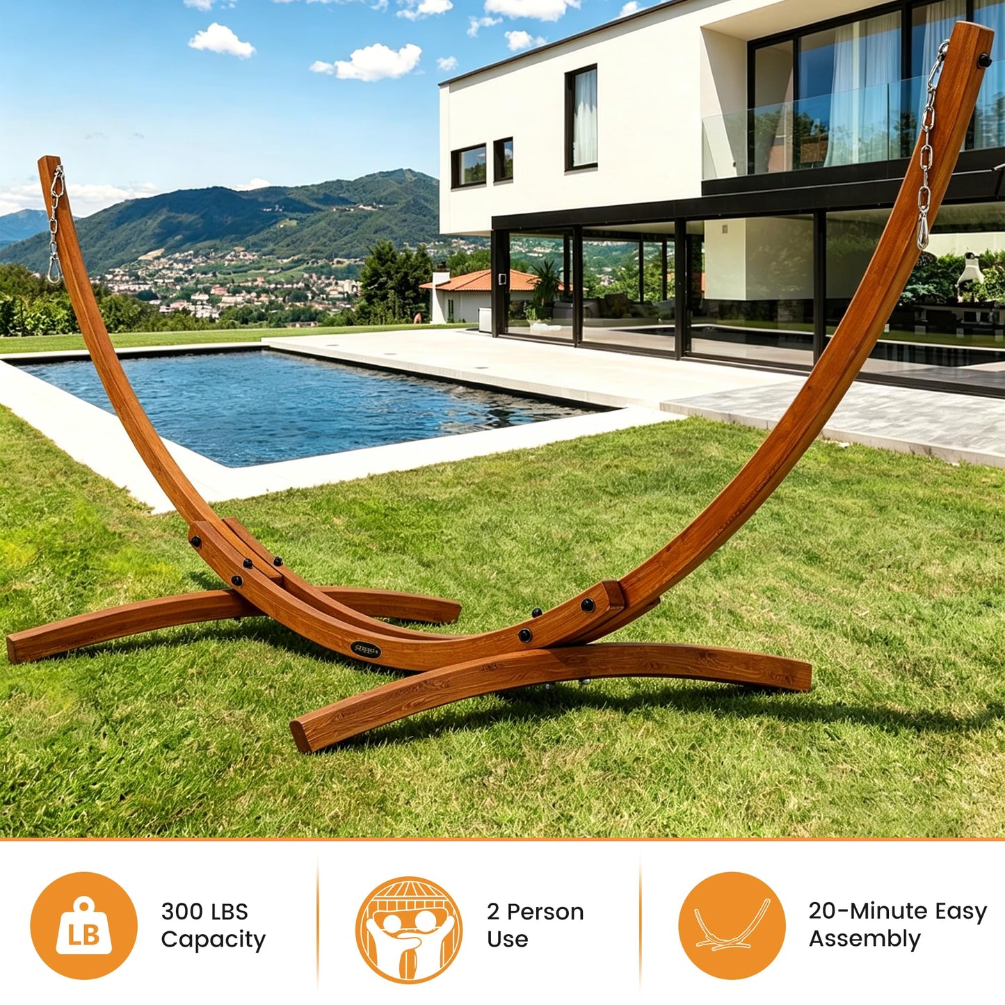 Lazy Daze Hammocks 10.5 FT Outdoor Arc Wood Hammock Stand, 2 Person Hard Pine Wood Hammock Stand with Carabiners and Chains for Outdoor Patio Garden Poolside, 300lb Capacity, Brown