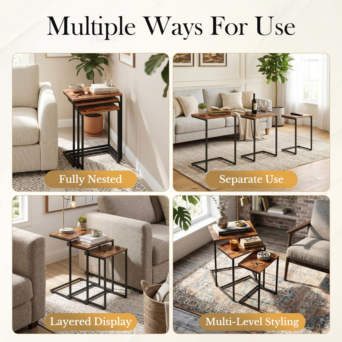 SUPER DEAL Nesting Tables Set of 3, Industrial C Shaped End Table Stackable Coffee Table Heavy Duty Metal Frame for Small Space, Living Room, Bedroom, Side Table Tray for Laptop Snack, Rustic Brown