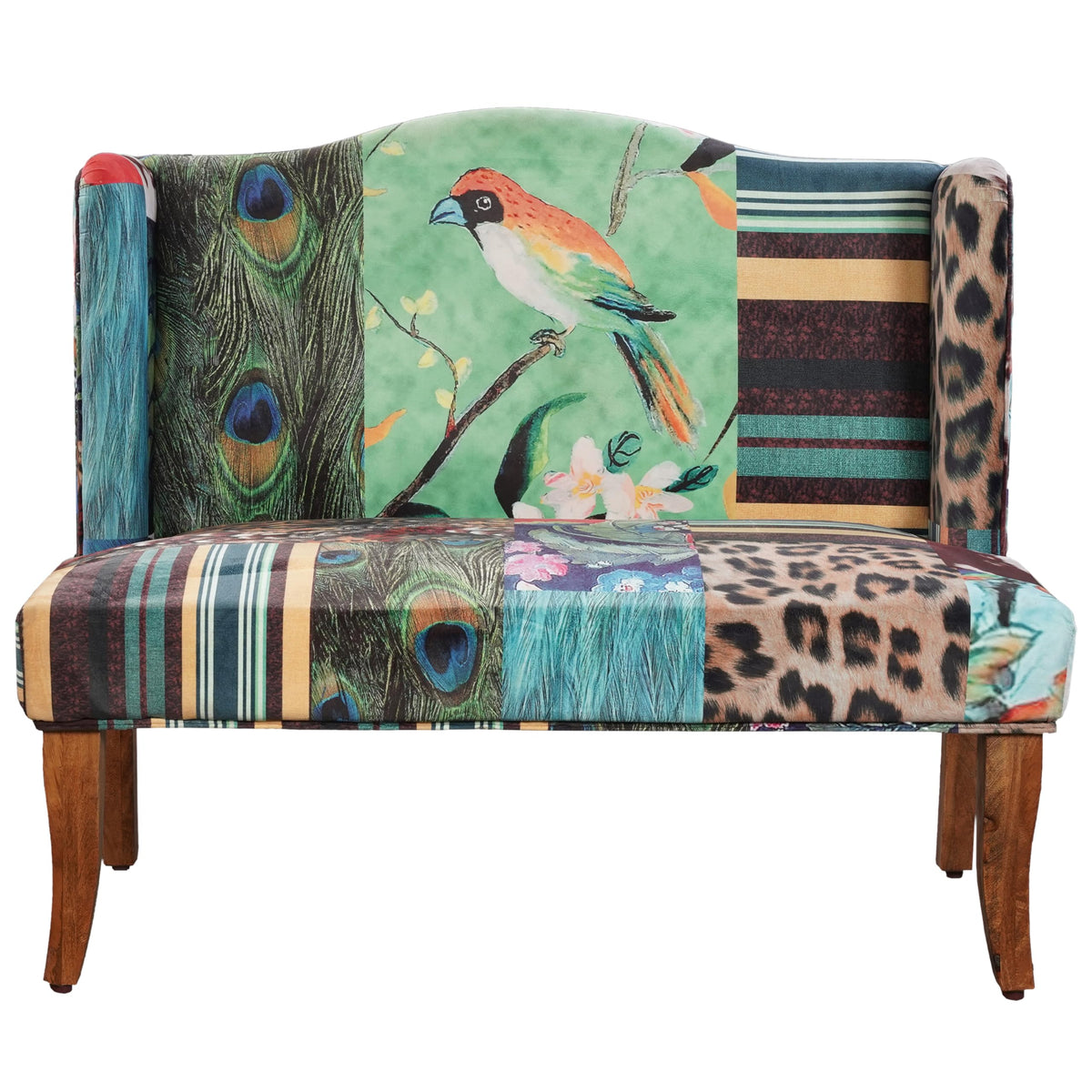 Benzara Vesta Bird Collage Print Settee, Multicolor Upholstery
