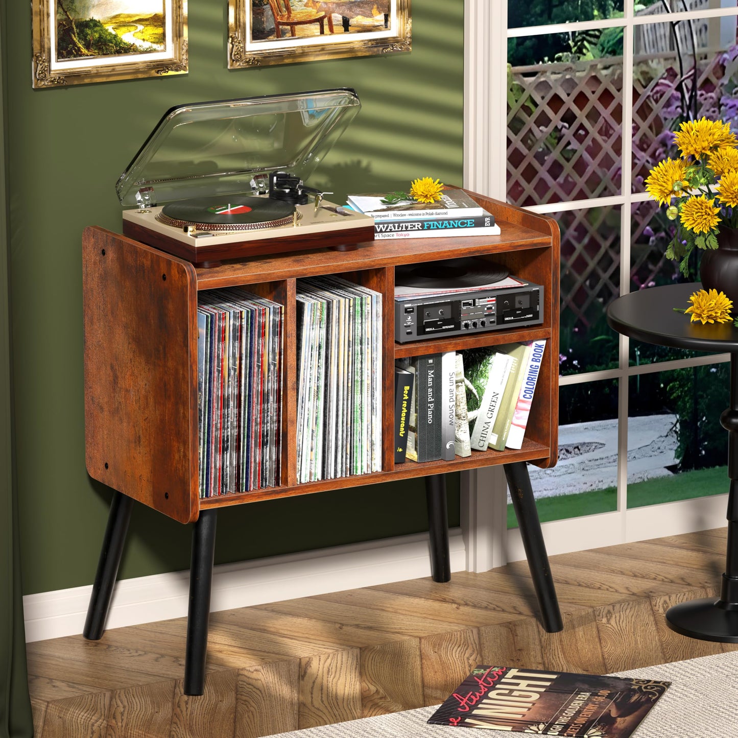 UODERS Record Player Table, Mid-Century Record Player Stand with Vinyl Storage Hold Up to 150+ Albums, Vinyl Record Cabinet with Adjustable Shelves, Wood Turntable Stand for Music Living Room (Brown)
