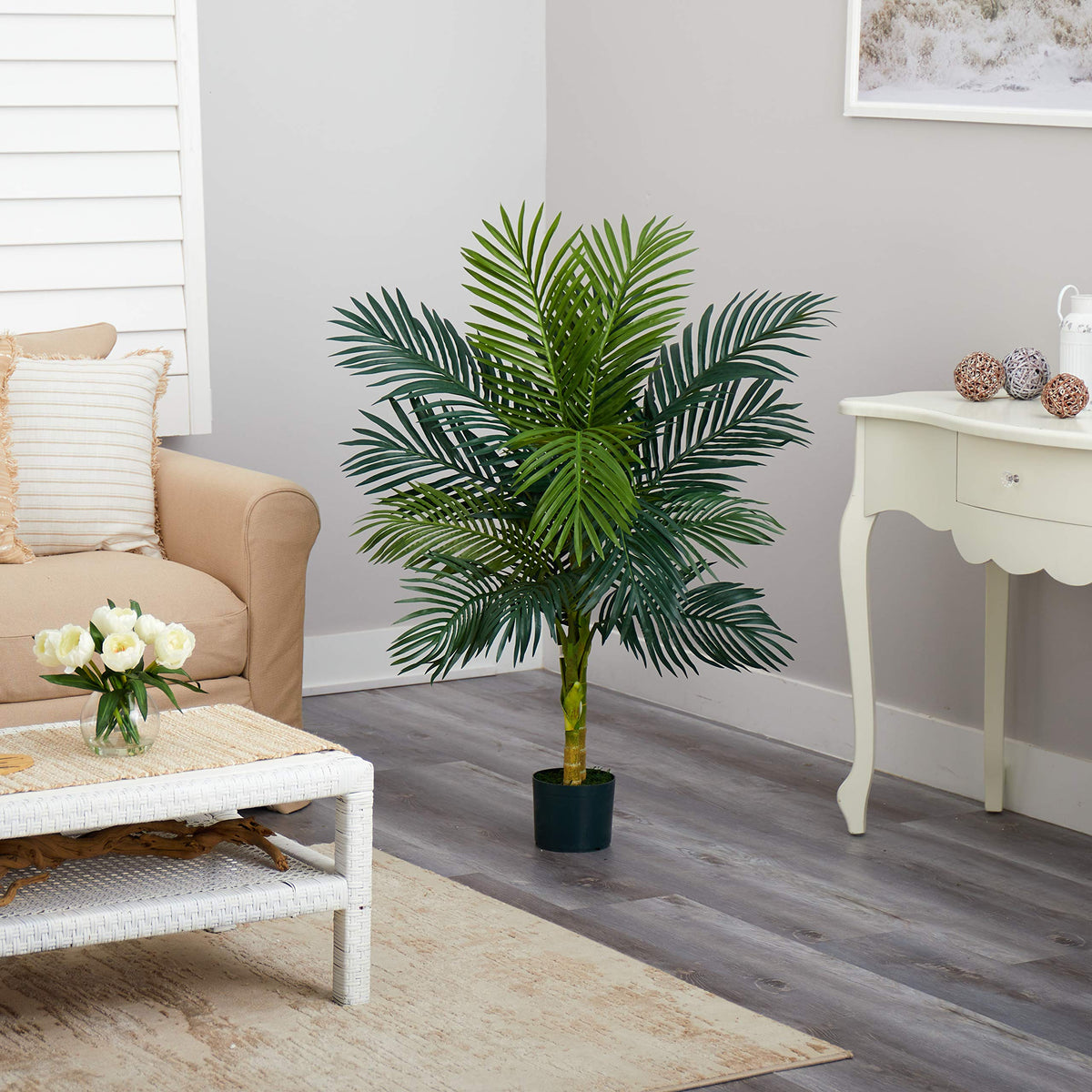 Nearly Natural 4 ft Artificial Golden Cane Palm Tree with Nursery Pot