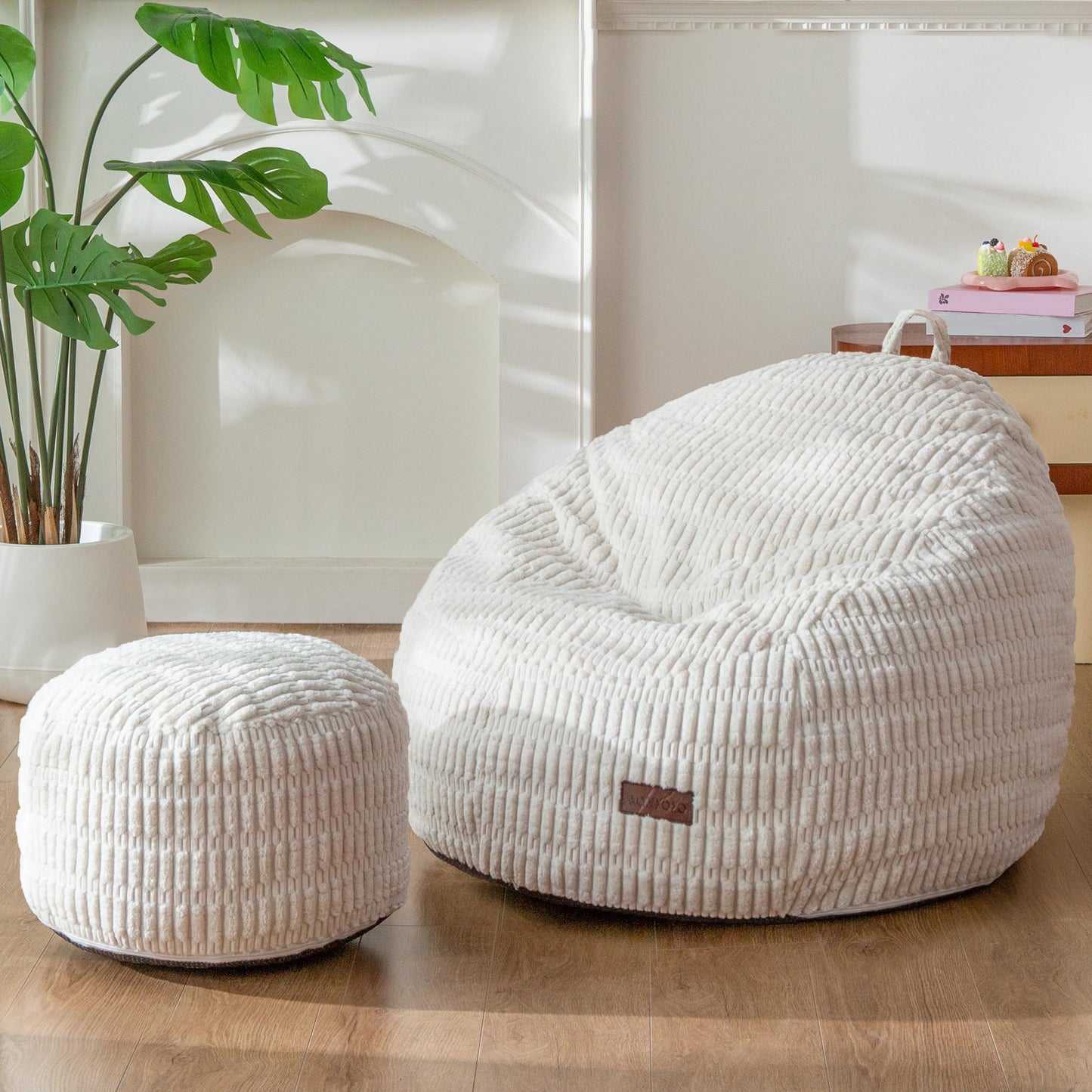 MAXYOYO Kids Bean Bag Chair with Ottoman, Soft Plush Bean Bag Sofa with Removable Cover for Boys and Girls, Convenient Floor Seat with Handle, Comfy Toddler Lounge Chair for Playroom, Bedroom