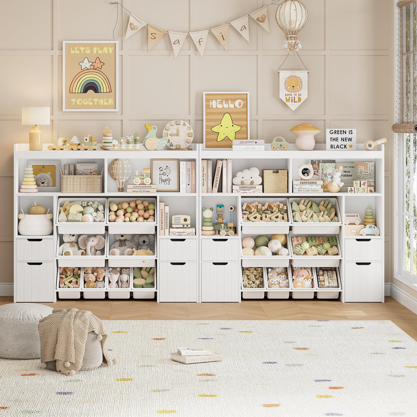HORSTORS 55" W Toy Storage Organizer with Drawers, Large Kids Toy Storage Box with Removable Bins, Tall Kids Bookshelf and Bookcase for Boys and Girls, Modern Toy Chest for Playroom, Classroom, White