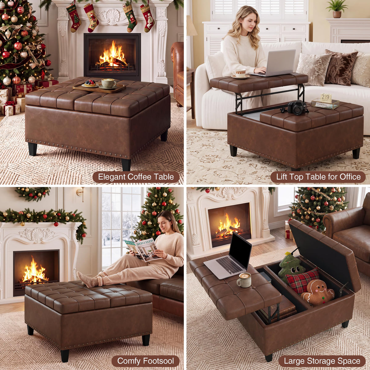 FiveWillowise 31.5 Inch Large Square Ottoman with Storage,Faux Leather