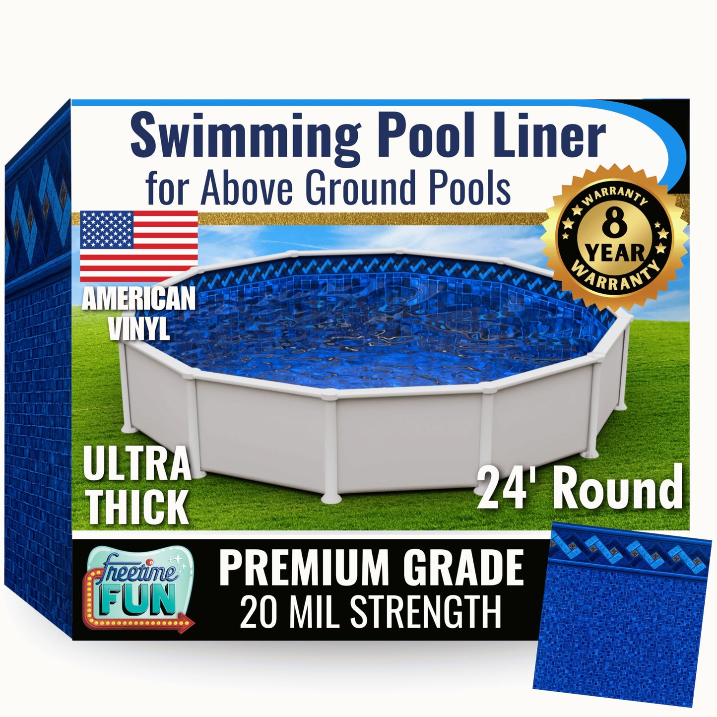 Freetime Fun Permalast Pool Liner | 24 Foot Round Pool | 52 inch Wall Height | 20 MIL Virgin American Liner 8 YR Full Warranty | for Overlap or Beaded Style Above Ground Swimming Pools