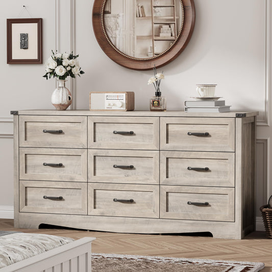 Dresser for Bedroom with 9 Drawers, 59" Wide Wood Chest of Drawers with Deep Drawers & Mental Handle, Modern Dresser TV Stand, Wooden Closet Storage Organizer for Living Room, Hallway, Entryway, Grey