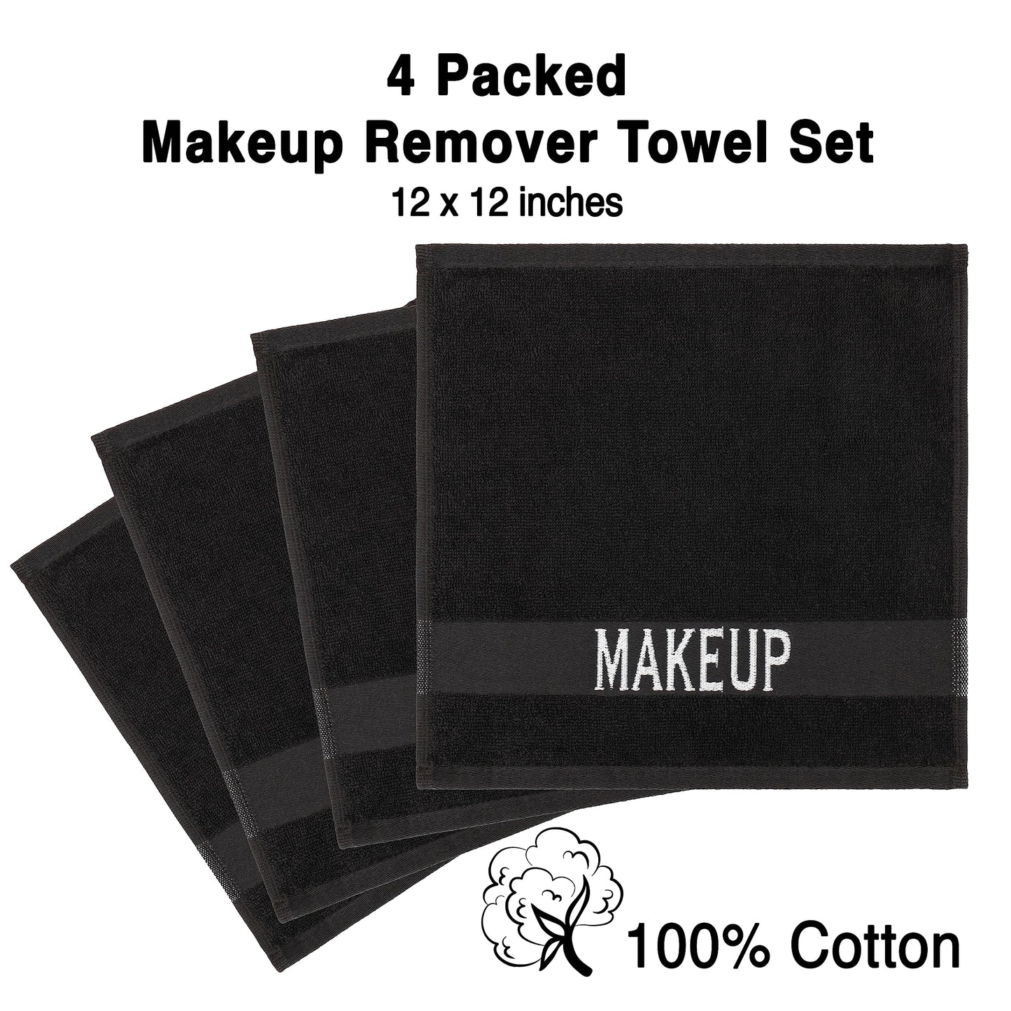 American Soft Linen, Makeup Remover Face Cloth, 100% Cotton Makeup Towels, 4 Packed Face Towels, 12x12 inches, Black