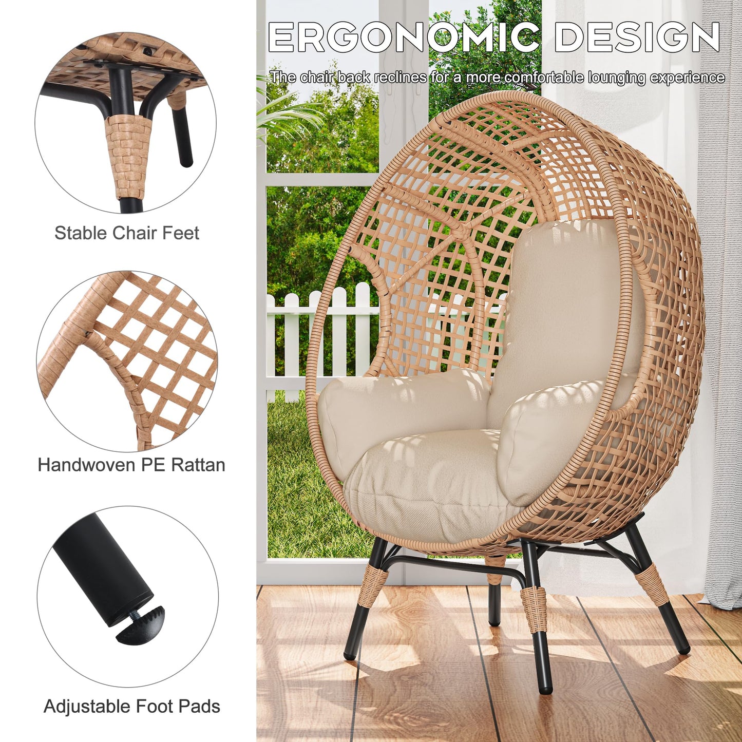 Elegant Arc Back Hanging Egg Chair, 400lb Capacity Patio Swing with 8-Inch Cushion, PE Rattan Outdoor Indoor Chair for Garden Lounge