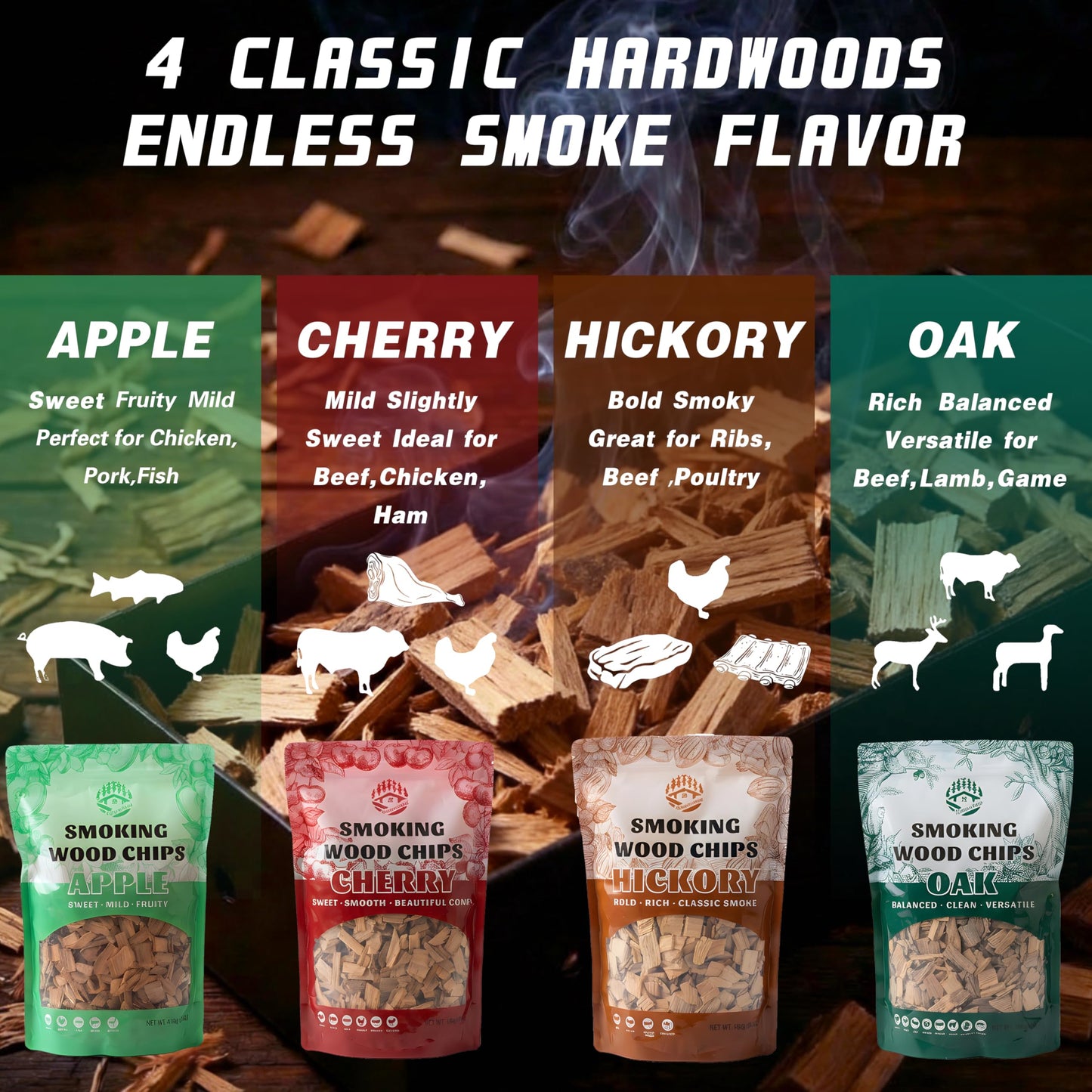 Smoking Wood Chips Variety Pack – Apple, Cherry, Hickory & Oak, 4 Flavors, 1.6 lb Each, Wood Chips for Smoker, All-Natural Hardwood Wood Chips, Smoker Wood Chips for BBQ, Gas & Charcoal Grills