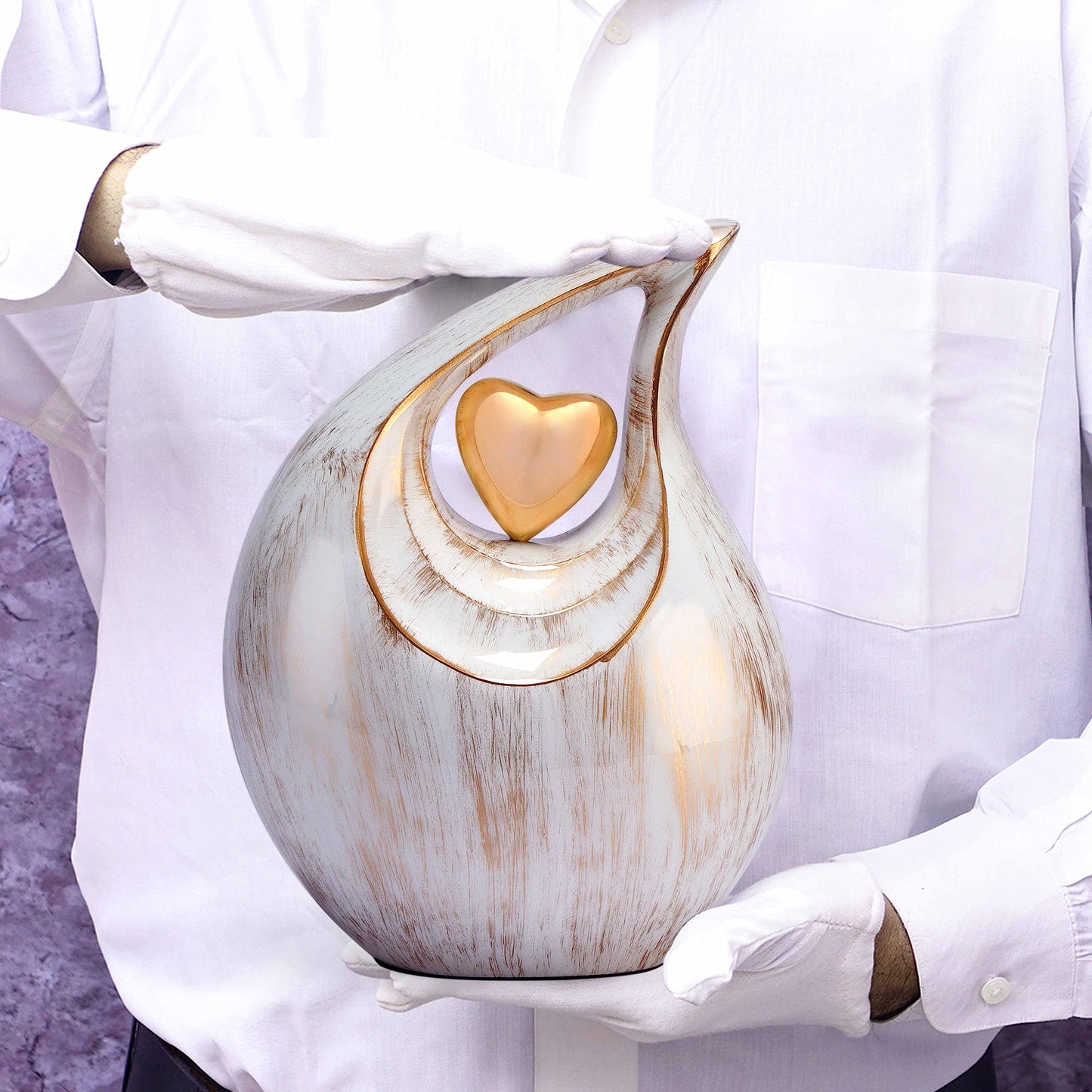 Teardrop Heart Urn for Human Ash| Cremation Urns Ashes |Urn for Human Ashes | Decorative Cremation Urn | Large | 2.5 Litre Capacity | White - Golden