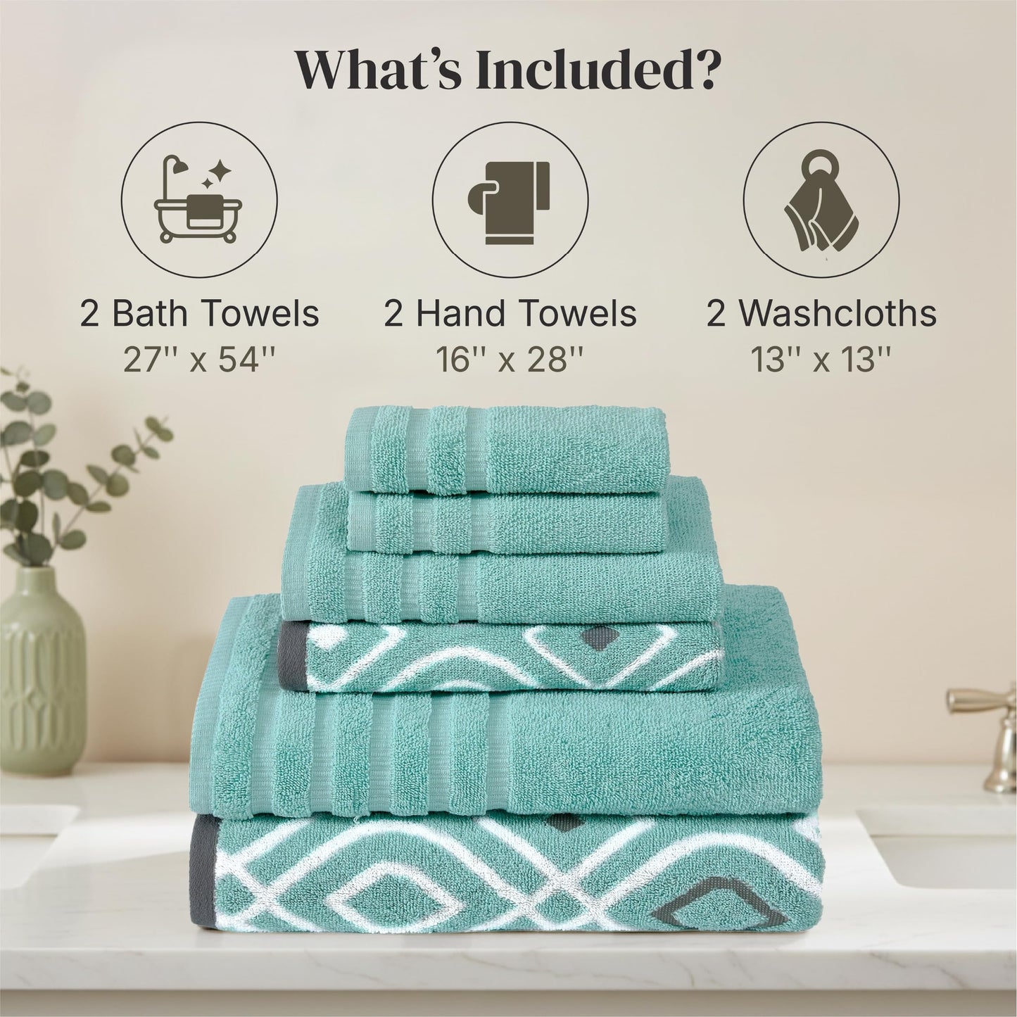 Modern Threads Classic Diamond 6-Piece 100% Cotton Towel Set – Yarn Dyed Jacquard – Includes 2 Bath Towels, 2 Hand Towels, 2 Washcloths – Absorbent, Quick Dry, Soft & Durable – Aqua
