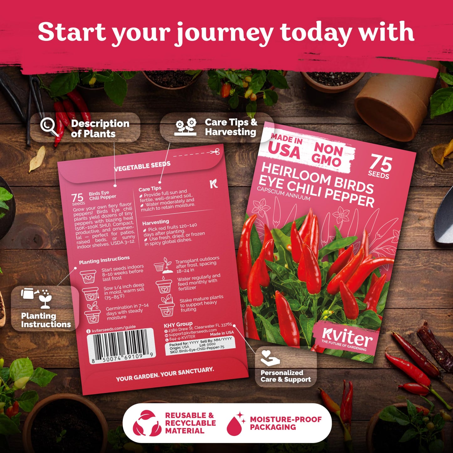 KVITER 75 Birds Eye Chili Pepper Seeds for Planting (Capsicum Annuum) — Thai Chili Red Pepper, Extra‑Hot 50K-100K SHU, High‑Yield Bush — Heirloom Vegetable Seeds for Outdoor & Indoor Garden
