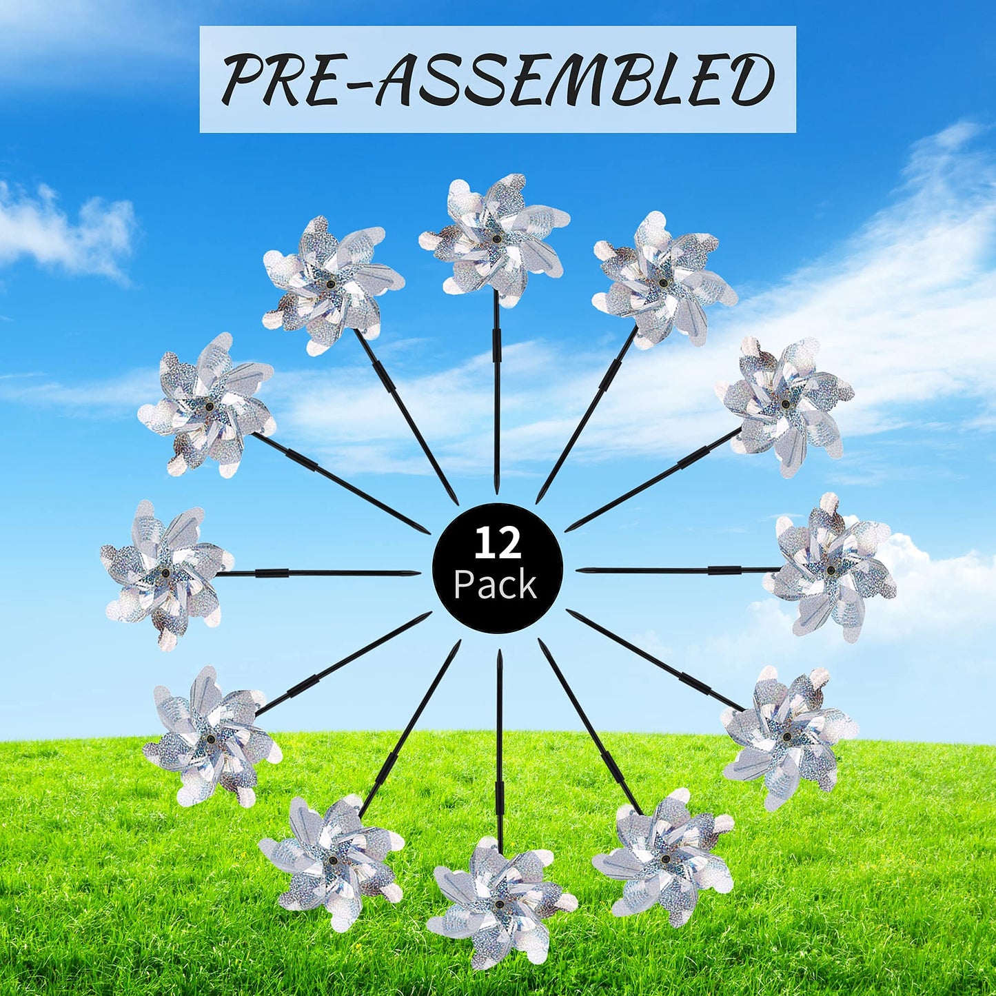 BATTIFE Reflective Pinwheels for Yard and Garden, Pre-Installed Sparkly Blind Birds Pin Wheel, Scare Birds & Animal Away Wind Spinner, 12 Pack (Silver)