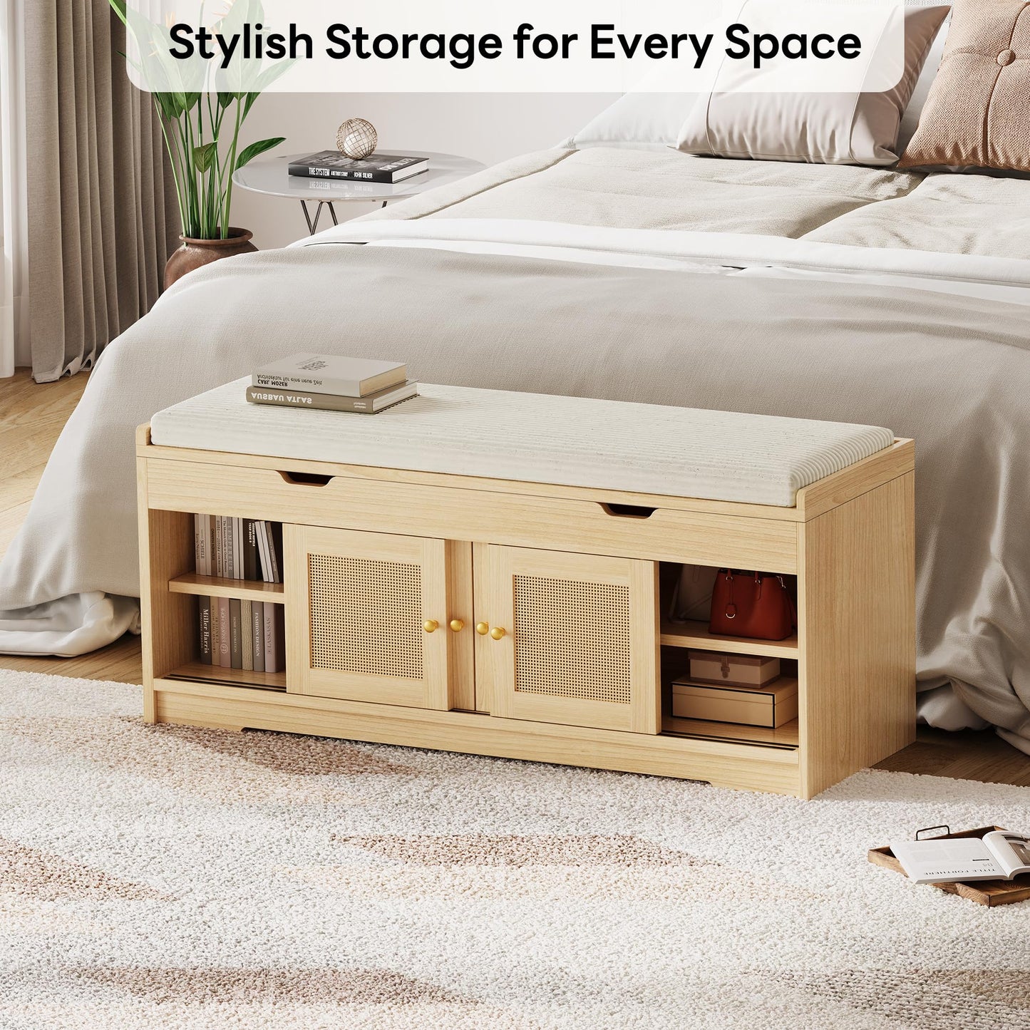 LIKIMIO 47.2" Shoe Bench with Lift Top Storage, Entryway Bench with Cushioned Seat, 2-Tier Rattan Shoe Cabinet with Adjustable Shelf, Storage Bench for Bedroom, Living Room, Hallway, Natural