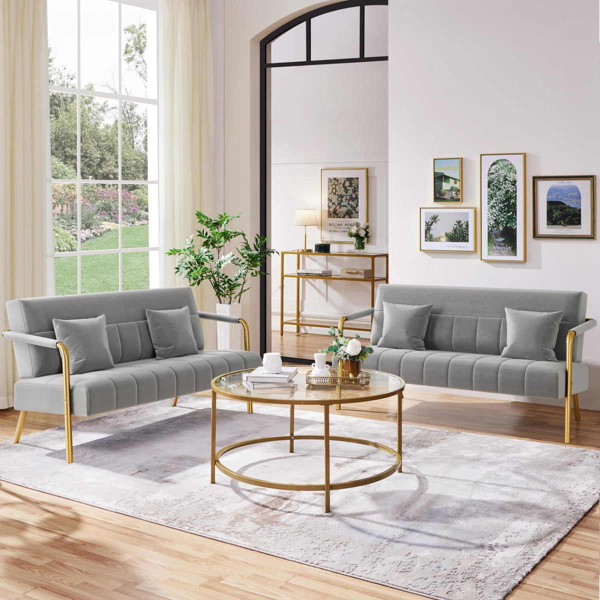 Yaheetech 56.5" Small Sofa 2 Seater Couch with Gold-Tone Legs, Light Gray