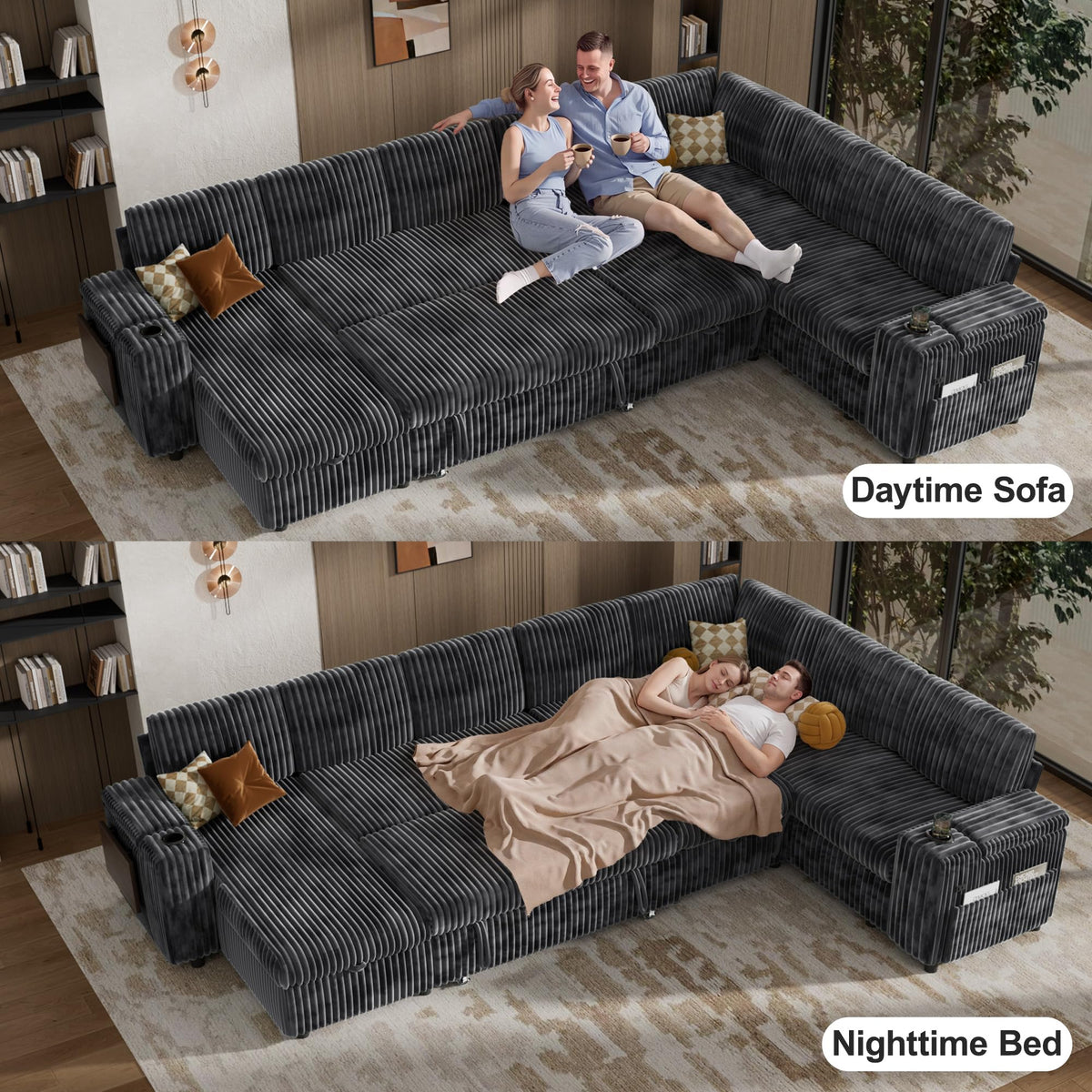 Sunny Heart 130" Modular Sectional Sleeper Sofa with Pull Out Bed, 9 Seat Corduroy L Shaped Couch with Ottoman and Chaise|USB Ports|Cup Holders|Side Table, Tool Free Assembly, Grey