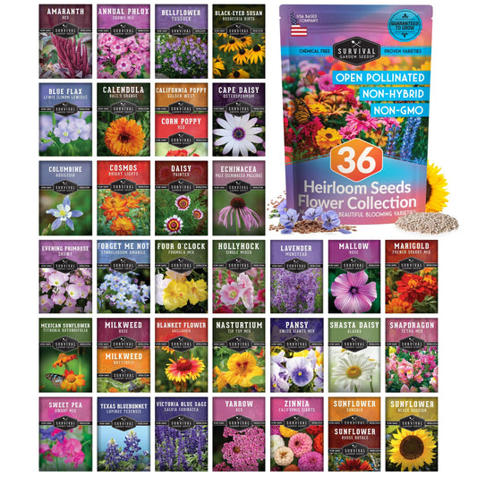 Flower Seeds Garden Kit - 36 Packs of Annual & Perennial Flowers for Planting – with Wildflowers for Pollinators, Bees, Butterflies | Heirloom Non-GMO Seed Starter Pack – Survival Garden Seeds