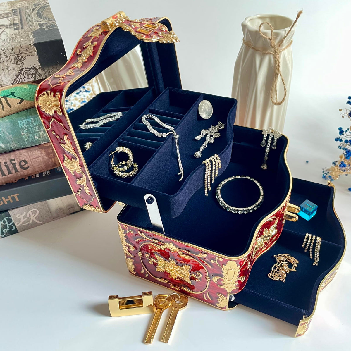Truewon Vintage Jewelry Chest Rose Pastoral Metal Box Gem Case