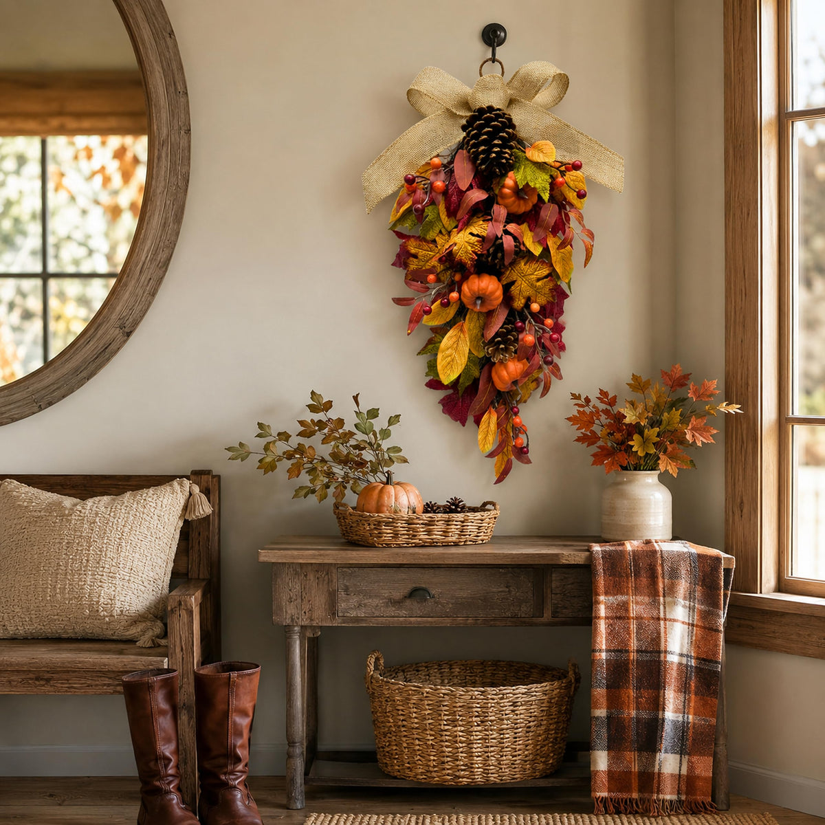 Svndlyn 25 Inch Fall Teardrop Swag with Pumpkins Pinecones Maple Leaves
