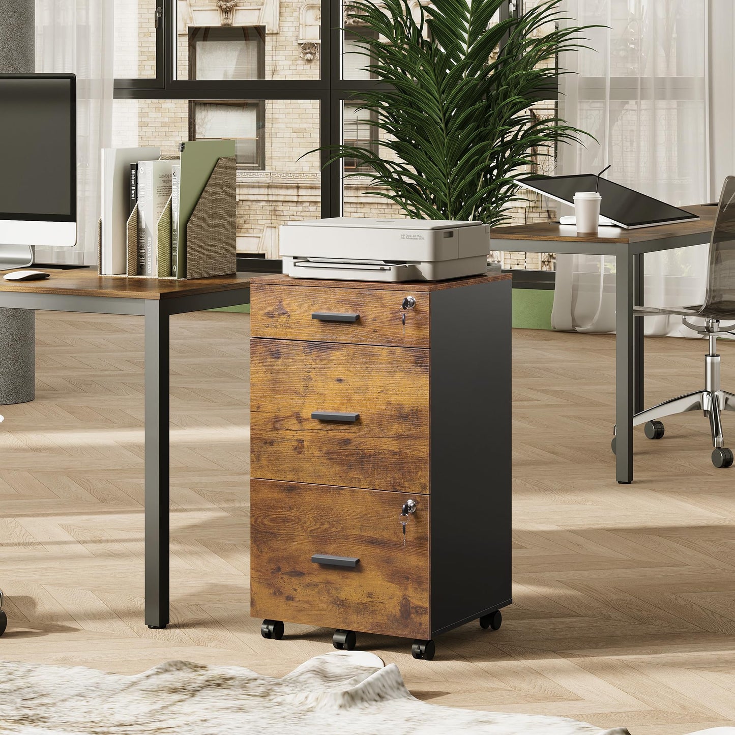 DEVAISE 3 Drawer Rolling File Cabinet with Lock, Wood Filing Cabinet fits Letter / A4 Size for Home Office, Rustic Brown