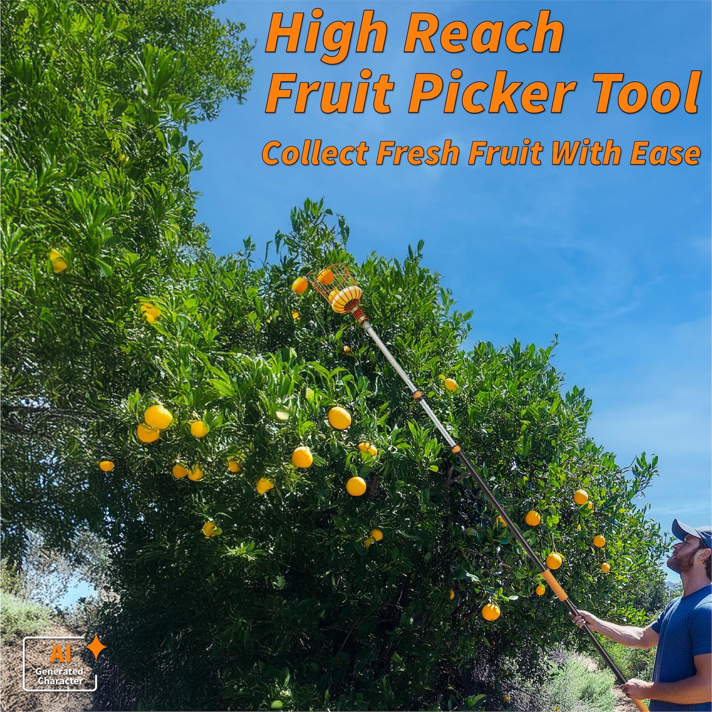 Fruit Picker Pole with Basket Telescoping 5-24 ft Apple Picker Extension Pole // Telescopic Fruit Tree Picker Tool for Picking Orange Mango Avocado Lemon Pear // The Ultimate High-Reach Fruit Grabber