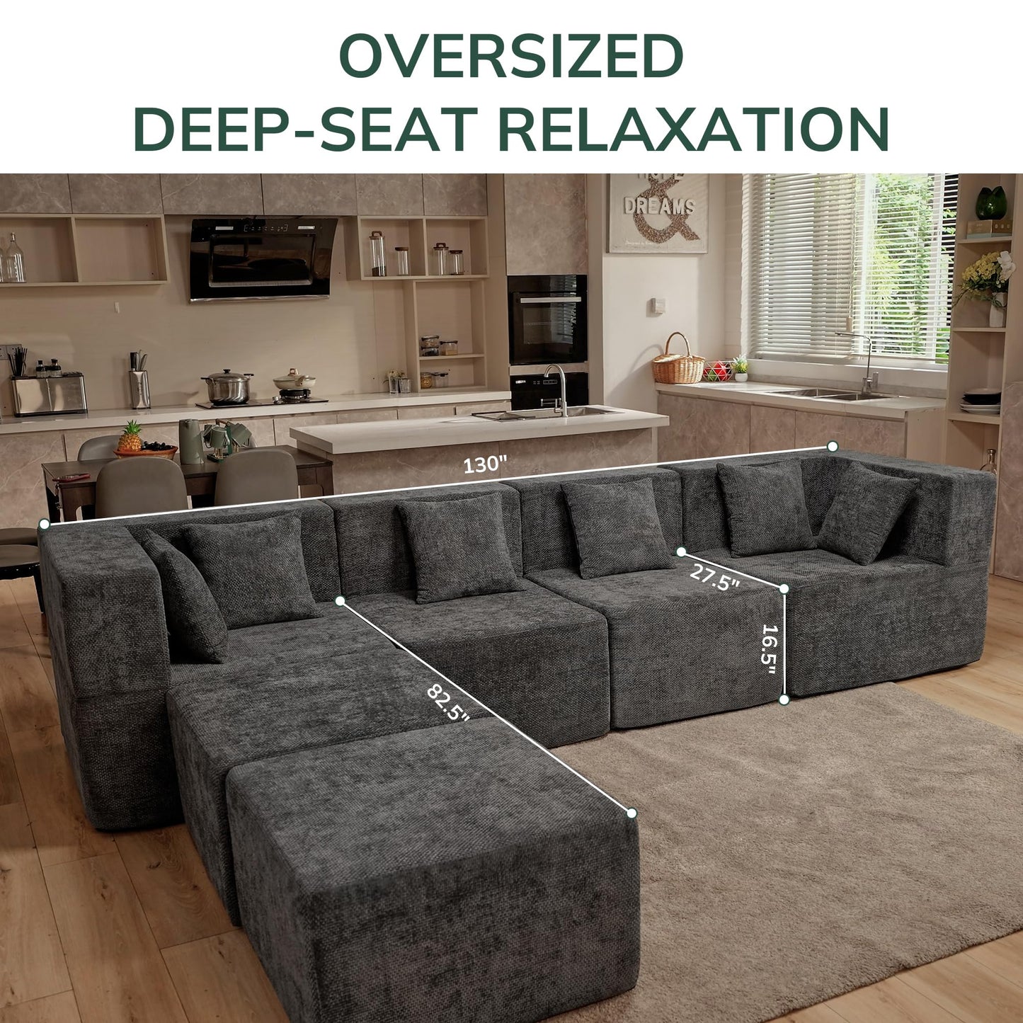 MONVANE Modular Sectional Cloud Couch for Living Room - 130'' 6 Seater Convertible Chenille Couches Set with Ottoman, No Assembly Compression Sofas, Comfy Floor Sofa with Memory Foam, Grey