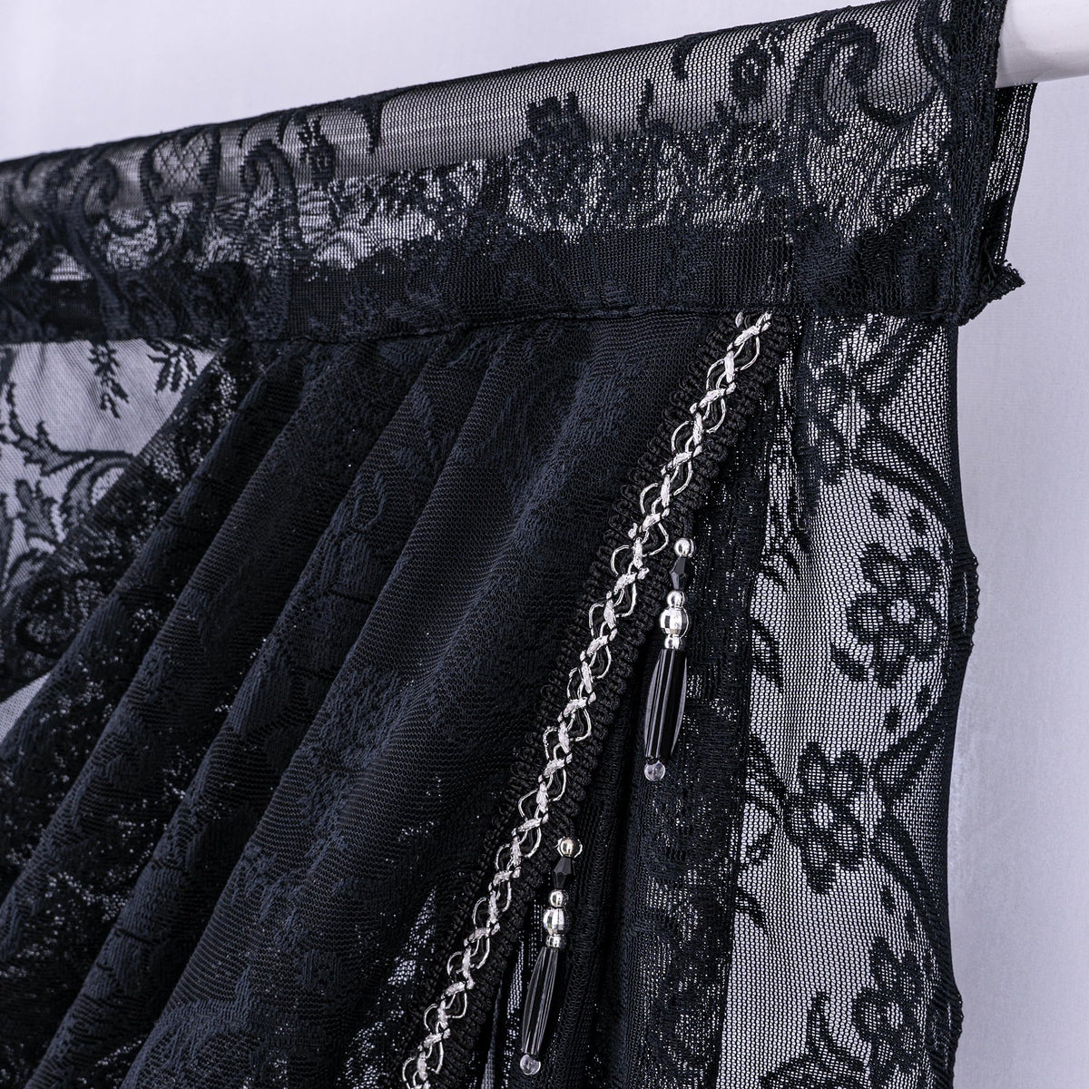 Huierxun Black Sheer Lace Waterfall Window Valance with Bead Tassels Floral Embroidered Valance Curtains Semi Sheer Rod Pocket Valance/Swags for Bedroom/Living Room/Kitchen/Basement(Black,39"x41")