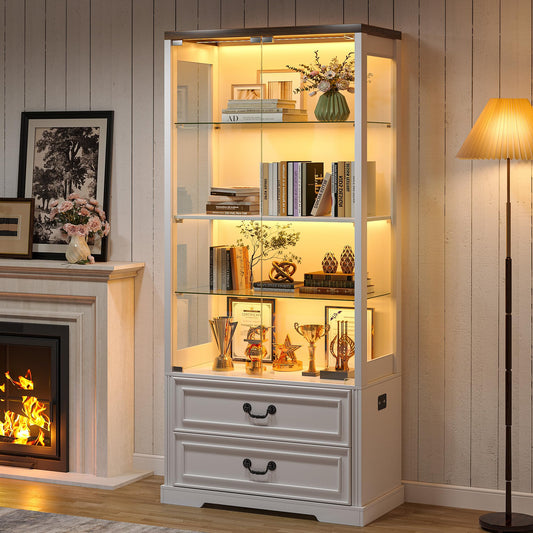 TAGELIER 67" Tall Display Cabinet with Glass Doors and 2 Drawers, Stable Wooden Frame Curio Cabinet with Smart Human Sensor, Led Display Cases for Collectibles and Books, Living Room Office (White)
