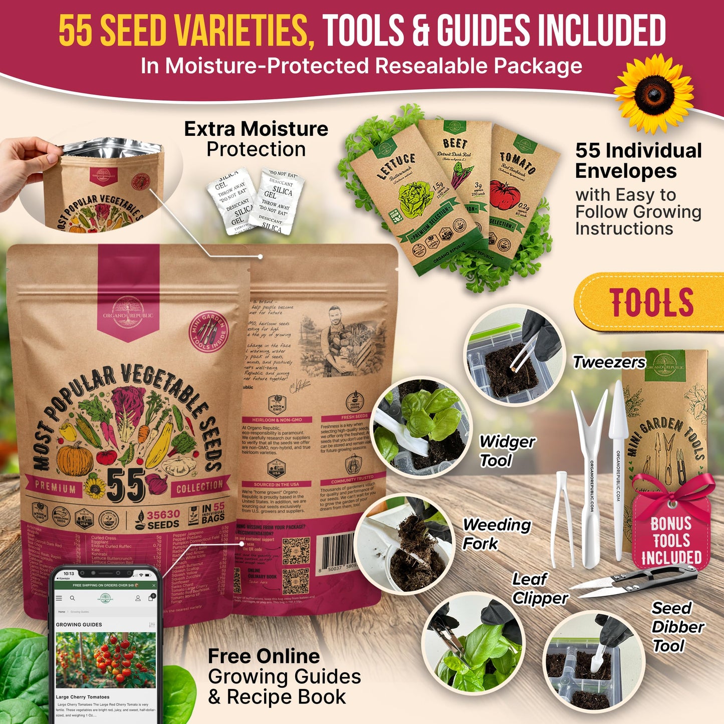 55 Vegetable Seeds Variety Pack - 35,600+ Non-GMO Heirloom Seeds for Planting Vegetables and Fruits in Individual Seed Packets, Home Garden Seeds for Hydroponic, Indoor and Outdoors Gardening