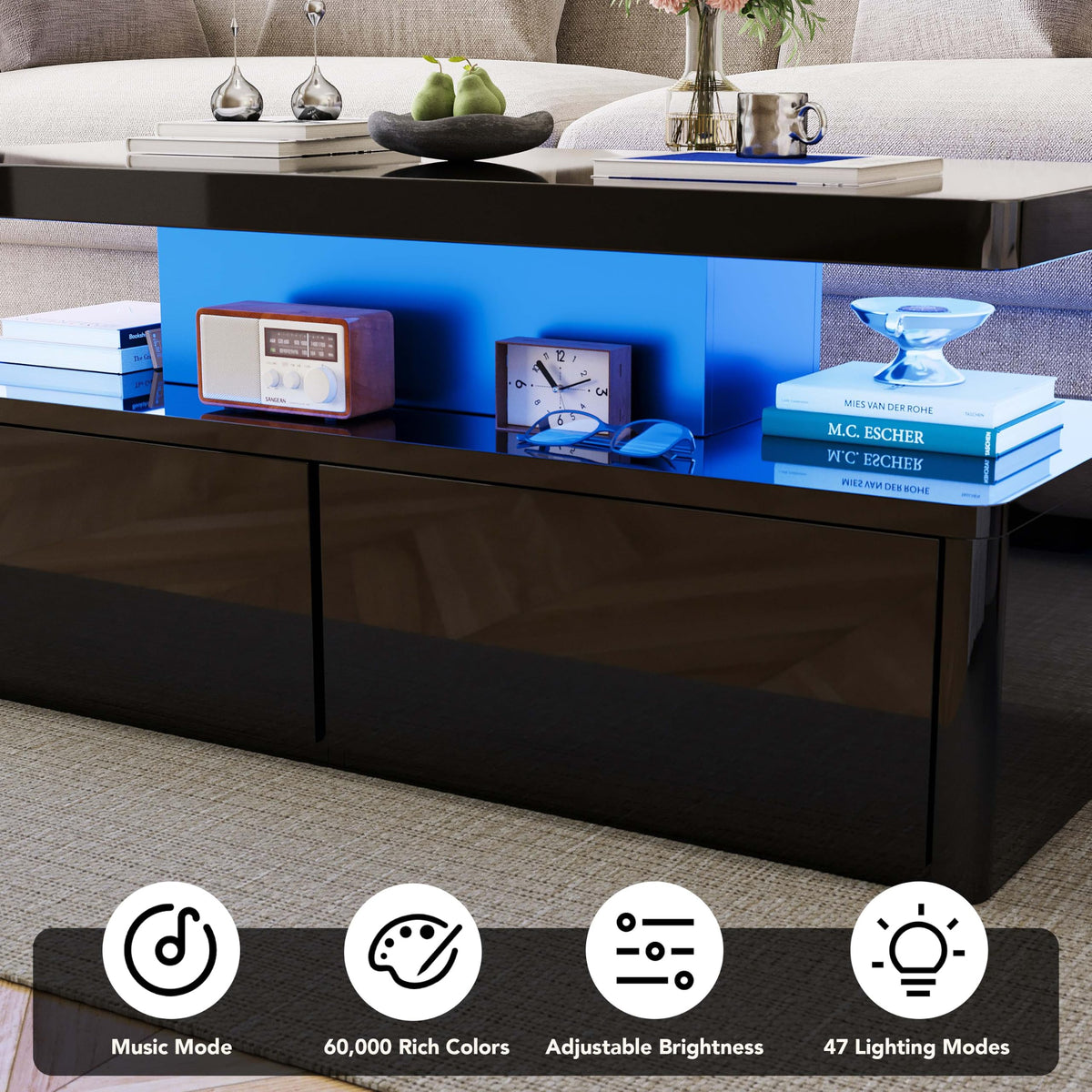 OneBlis 40" LED Coffee Table with 2 Large Drawers, 60,000-Color Lights App Control, Rectangular Center Table, High Glossy Modern Tea Table for Living Room, Black