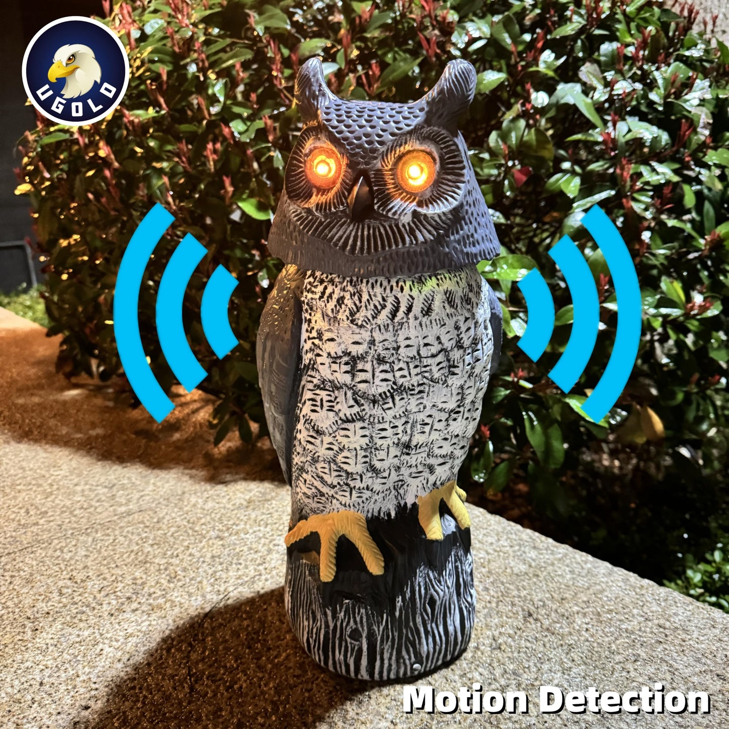 Ugold Solar Powered Garden Owl with Motion Detection, Rotating Head, Realistic Hoots and Silent Mode, Outdoor Statue and Sculpture, Owl Decoration for Home, Garden, Patio and Lawn