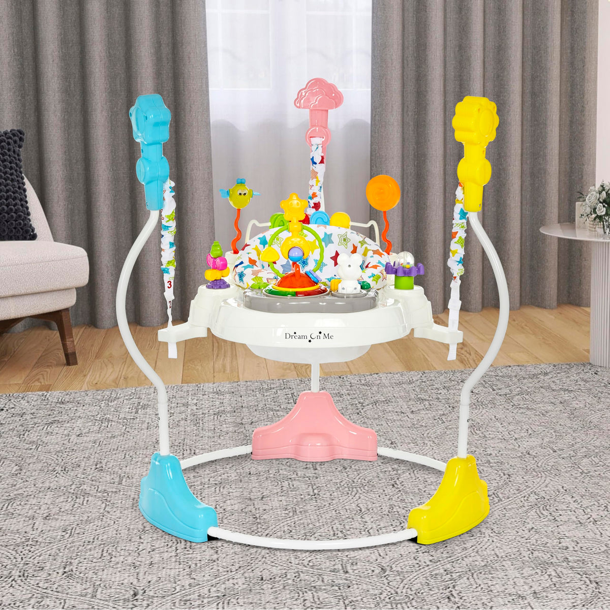 Dream On Me 2-in-1 Baby Activity Center & Bouncer Jumper, 360° Rotating Seat, 3-Height Adjustable, 12 Melodies with Lights & Interactive Toys, Promotes Early Development - Star Print