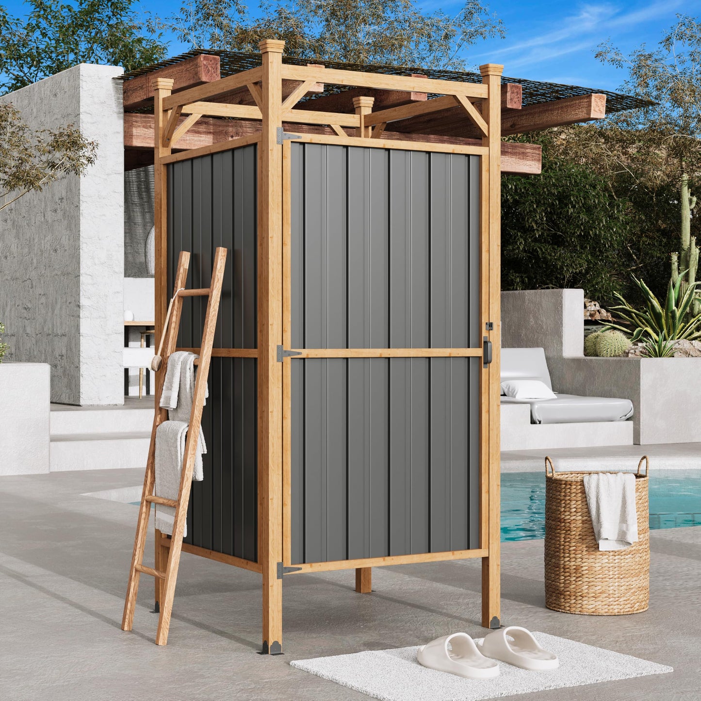 EROMMY Outdoor Shower Enclosure with Lockable Door, Weatherproof Outdoor Shower Stall with Metal Panels, Hooks & Shelves - Perfect for Pool Wash Station, Backyard & Beach Rinse Area Small Version