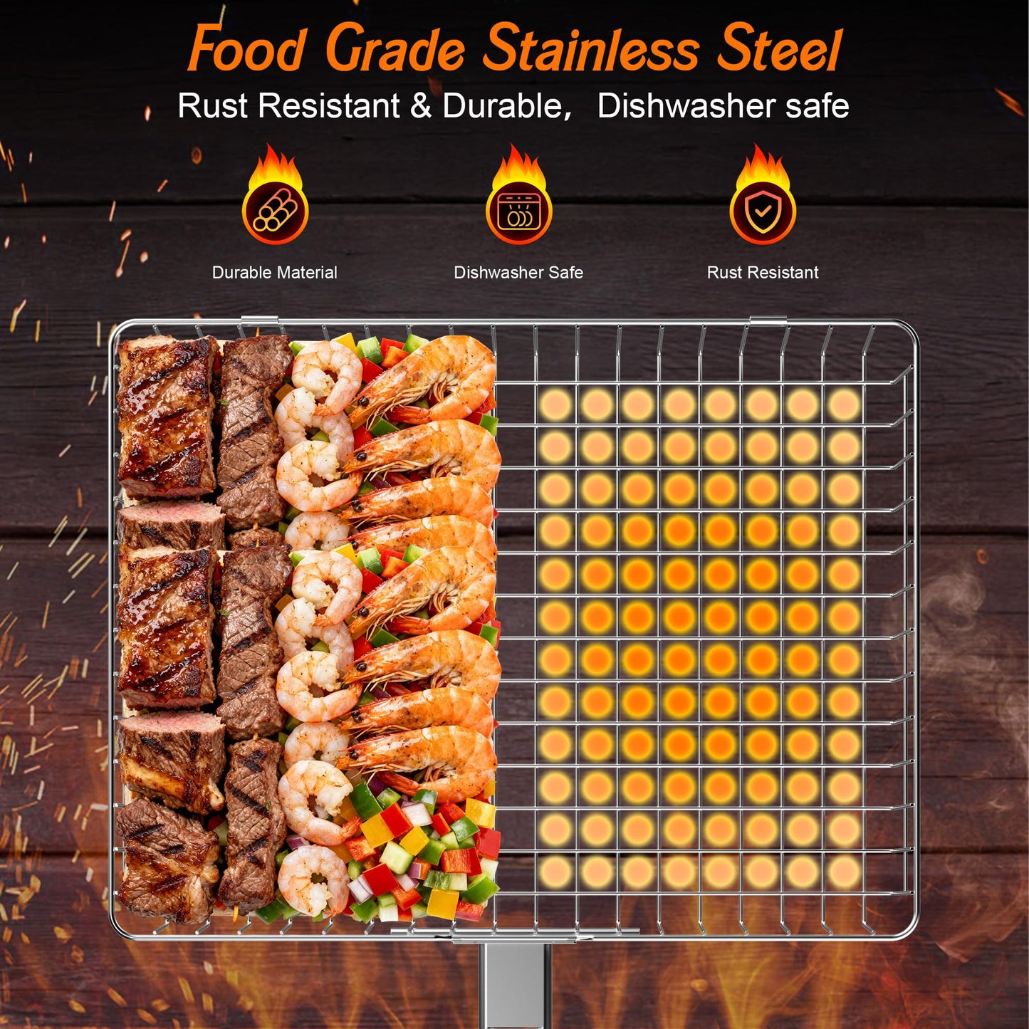 Grill Baskets for Outdoor Grill, 2PCS BBQ Grilling Basket with Removable Wooden Handle, Stainless Steel Camping Cooking Grill Accessories for Meat Fish Vegetable Seafood, Gifts for Men Dad Husband (Silver)