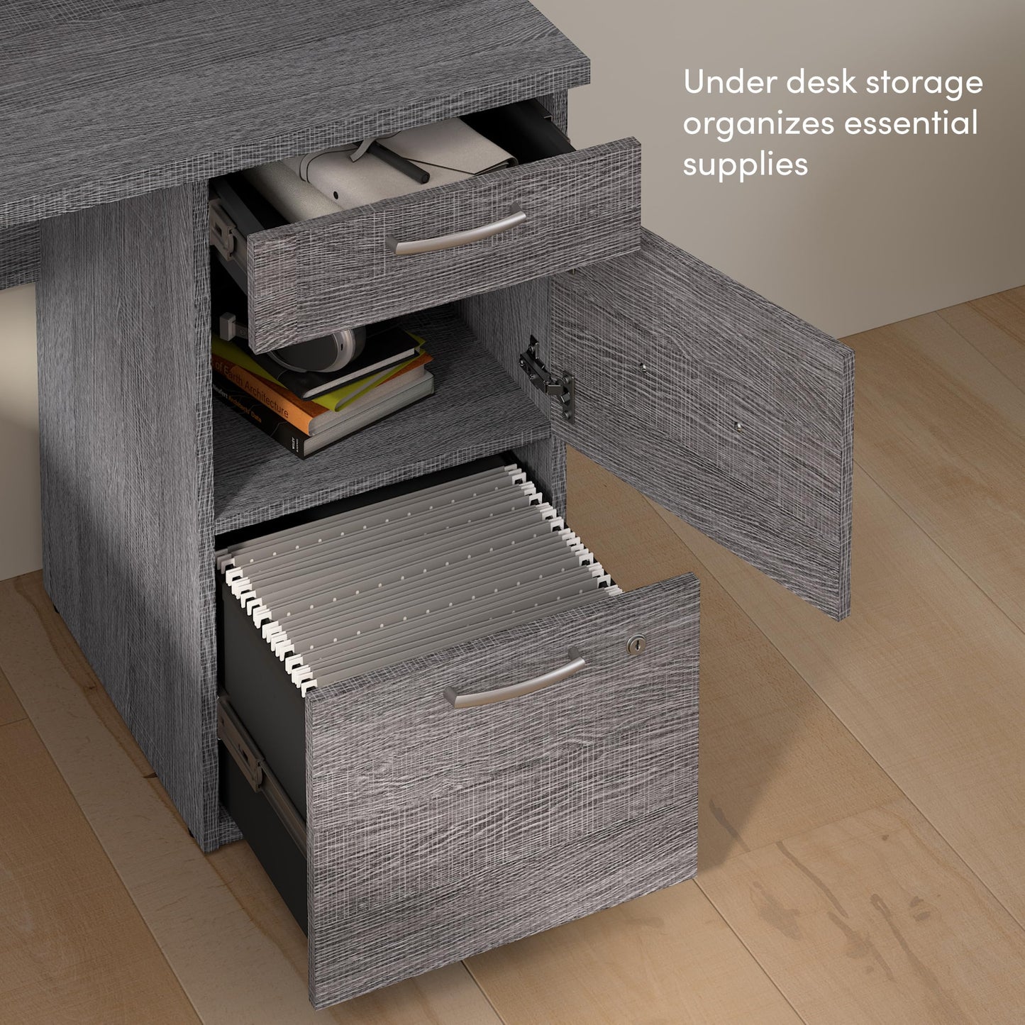 Bestar U or L Shaped with Hutch and File Cabinet, Bark Grey, Logan, 66W