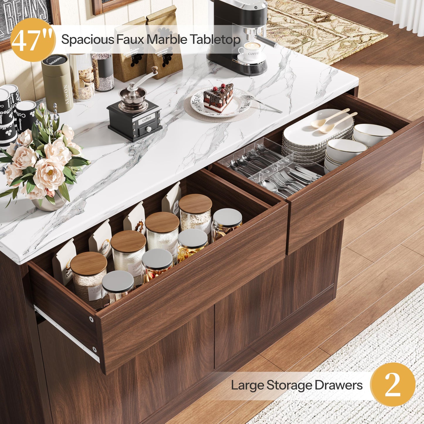Kitchen Island with Storage, 47.2" Large Faux Marble Countertop Kitchen Island with 2 Drawers and Adjustable Shelves, Coffee Bar Station, Beveled Edge Door Cabinet, Dining Table for 2-4 People, Walnut