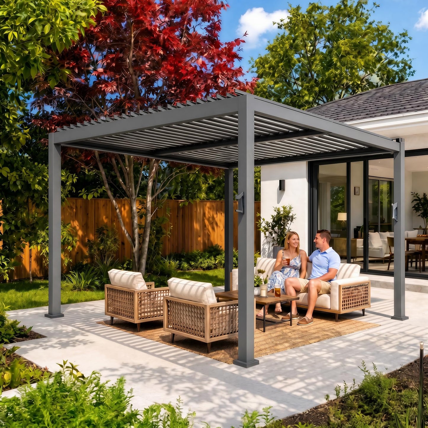 Suvivityse 10x10 Louvered Pergola with Lights, Aluminum Pergola with Adjustable Roof, Metal Outdoor Pergolas for Patios, Garden and Deck, Grey