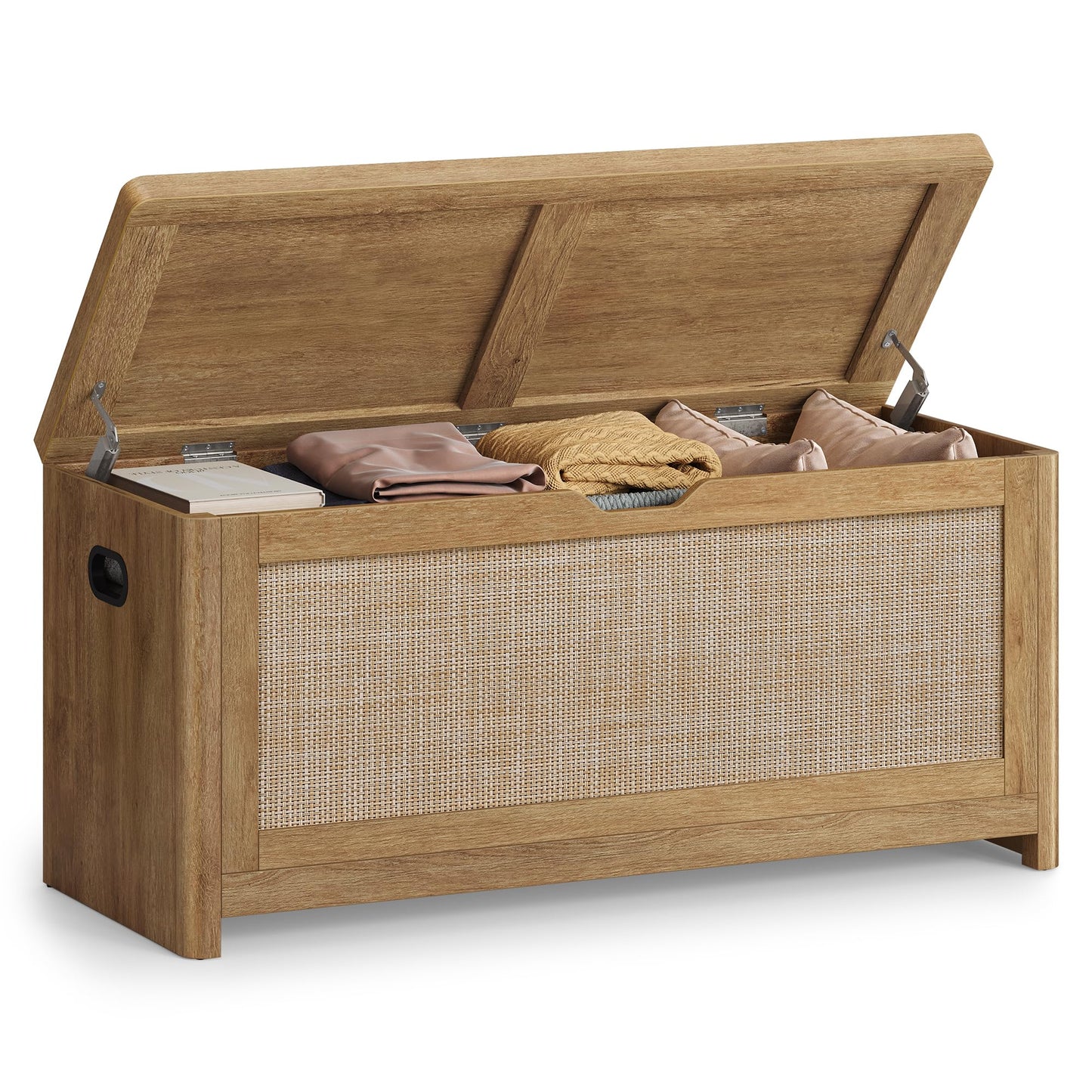 VASAGLE Boho Storage Bench with Rattan Look, Rounded Corners