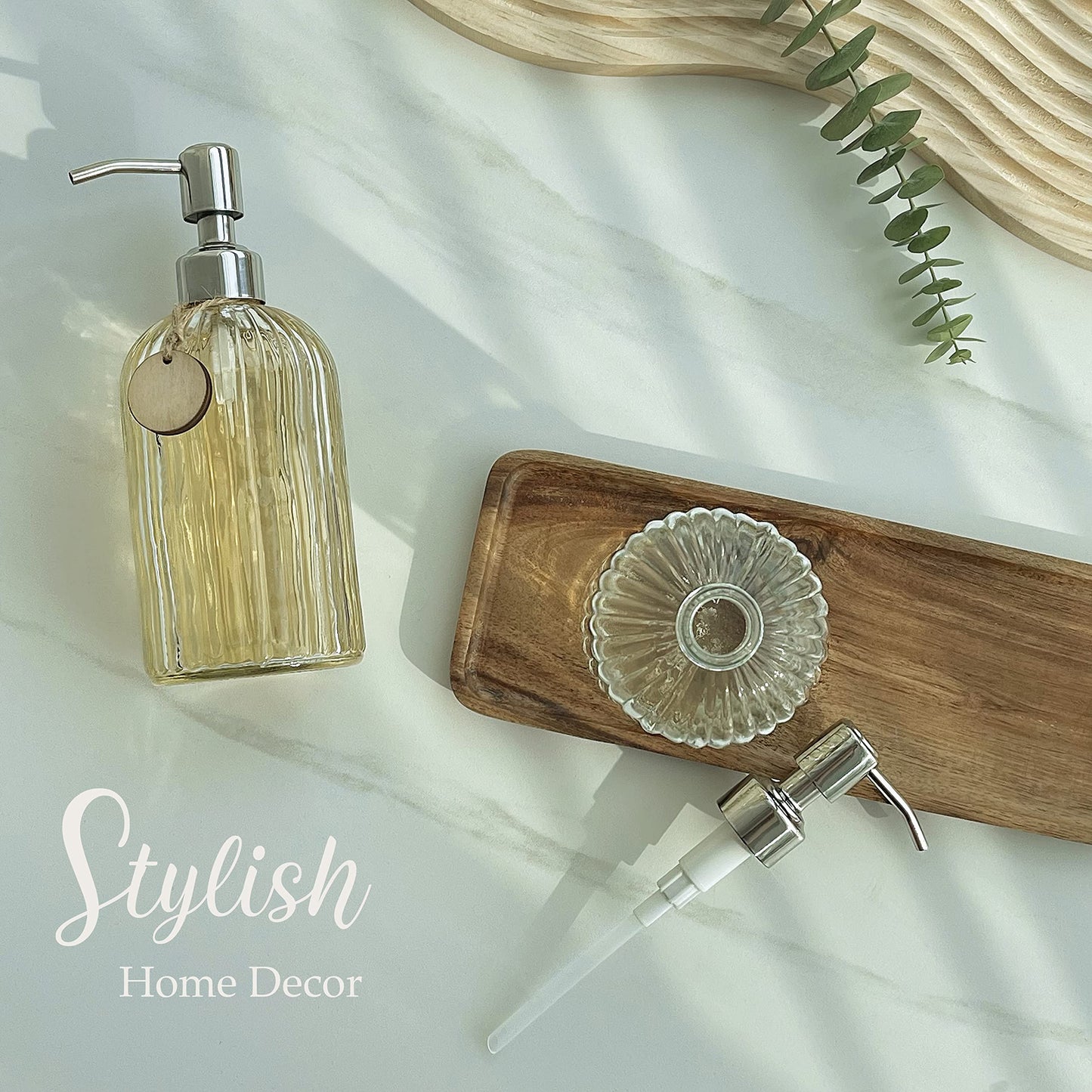 JASAI 2PACK 18 Oz Glass Soap Dispenser with Rust Proof Stainless Steel Pump, Refillable Hand Soap Dispenser with Vertical Stripe, Premium Bathroom soap Dispenser for Kitchen & Bathroom