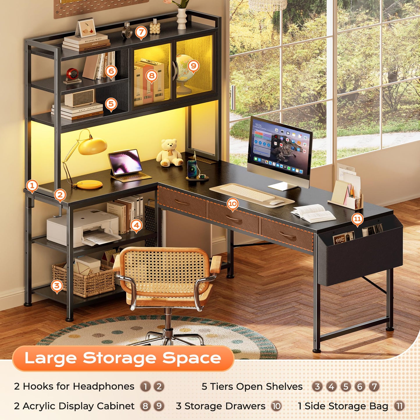 PRAISUN 57.5" Reversible L-Shaped Desk with LED Lights & Power Station
