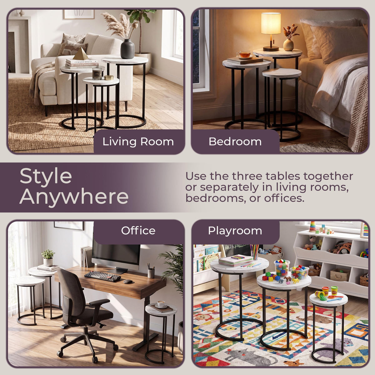 Lavish Home Round Nesting Tables Set of 3, Faux Marble Tabletop, White