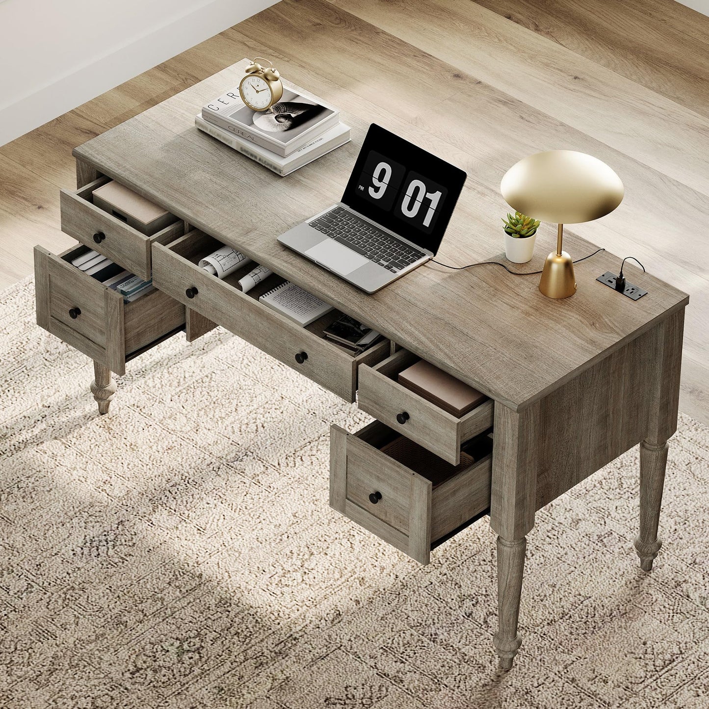 WAMPAT Home Office Furniture Set, 56'' Executive Desk with Charging Station, 72" Tall Bookcase with 4 Glass Doors, Wood Computer Desk with File Cabinet Storage, Open Shelf, Wash Grey