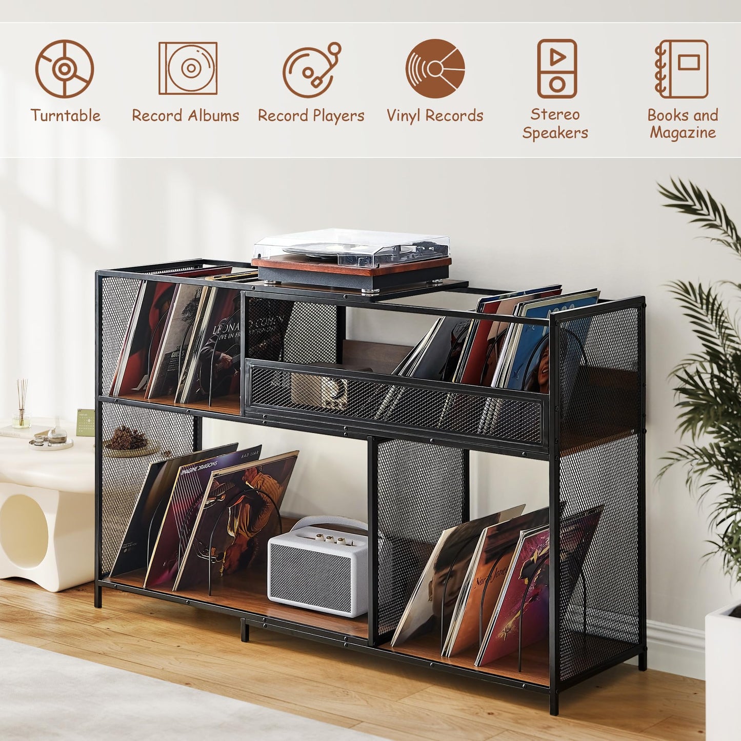MAHYIZYI Record Player Stand with Vinyl Storage Cabinet, Stretchable 32-63'' Turntable Table Open Shelf Up to 450 Albums, Cube Storage Organizer for Living Room, Music room